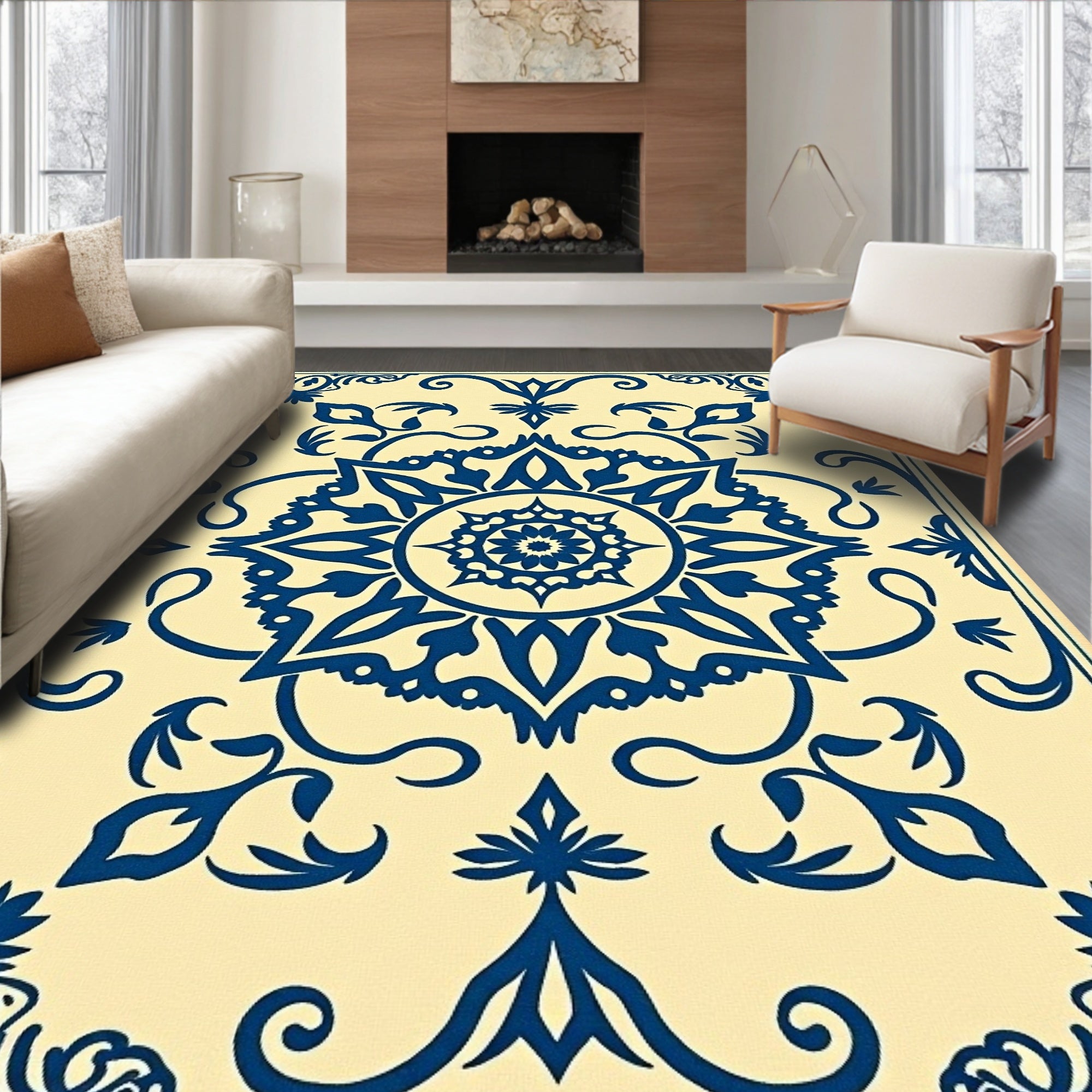 Navy Blue Cream Medallion Scroll Rug