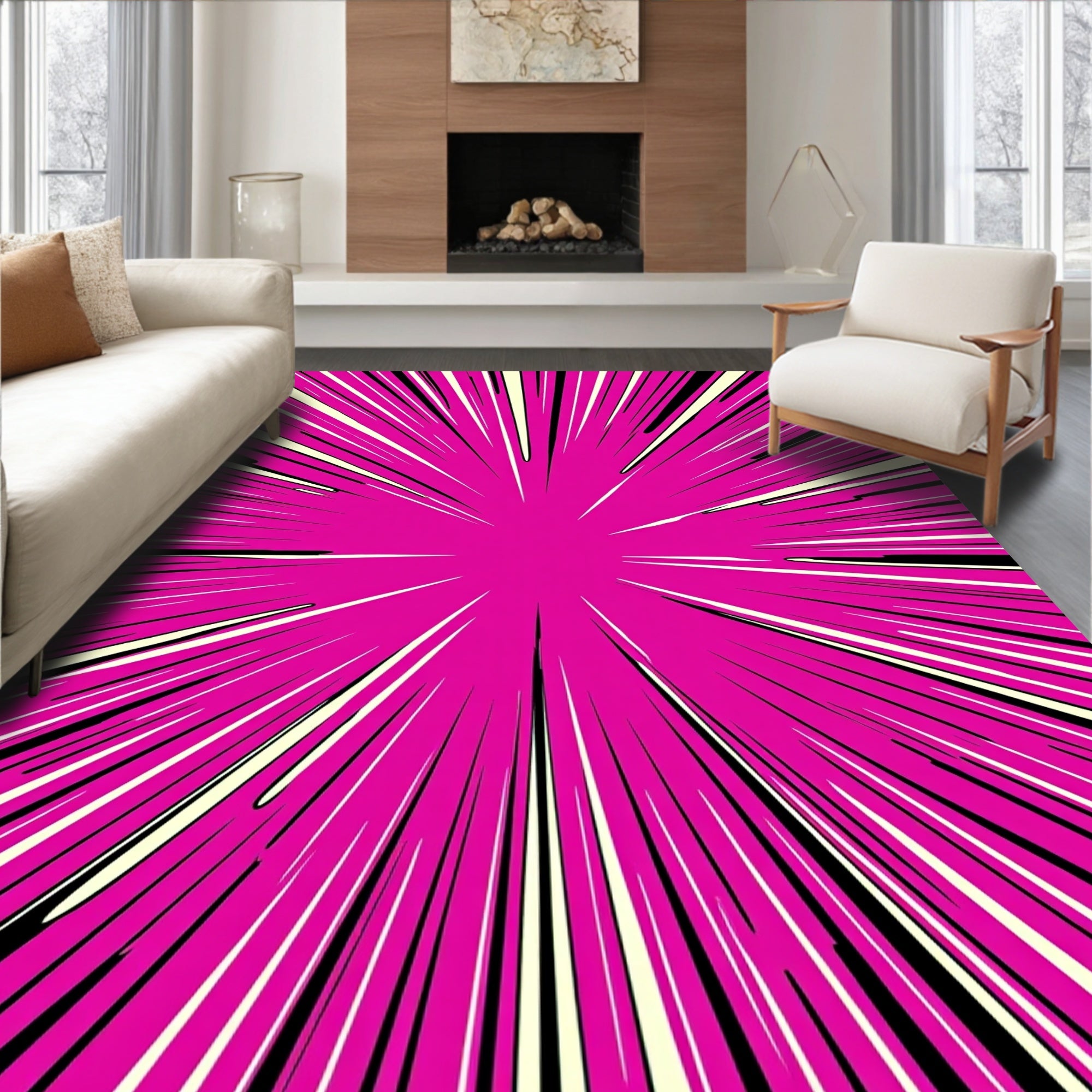 Vibrant Pink Burst Speed Lines Rug
