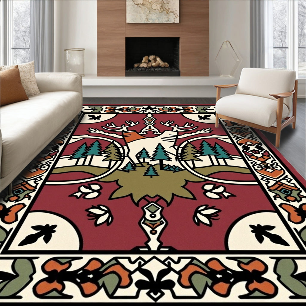 Deep Red Forest Scene Deer Rug