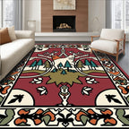 Deep Red Forest Scene Deer Rug