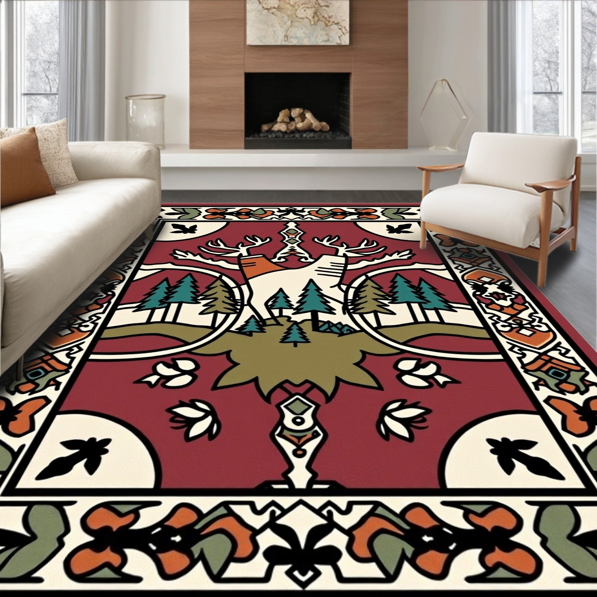 Deep Red Forest Scene Deer Rug