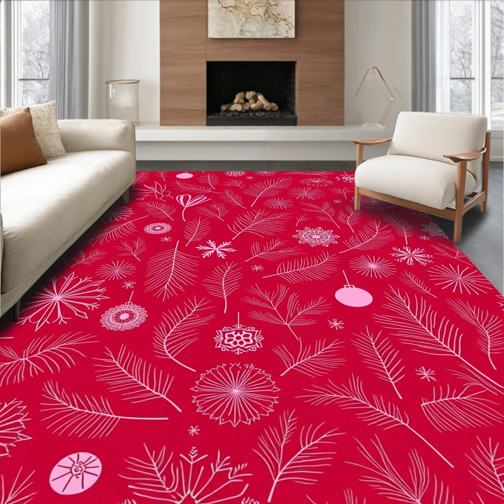 Crimson Pine Branches and Snowflakes Rug