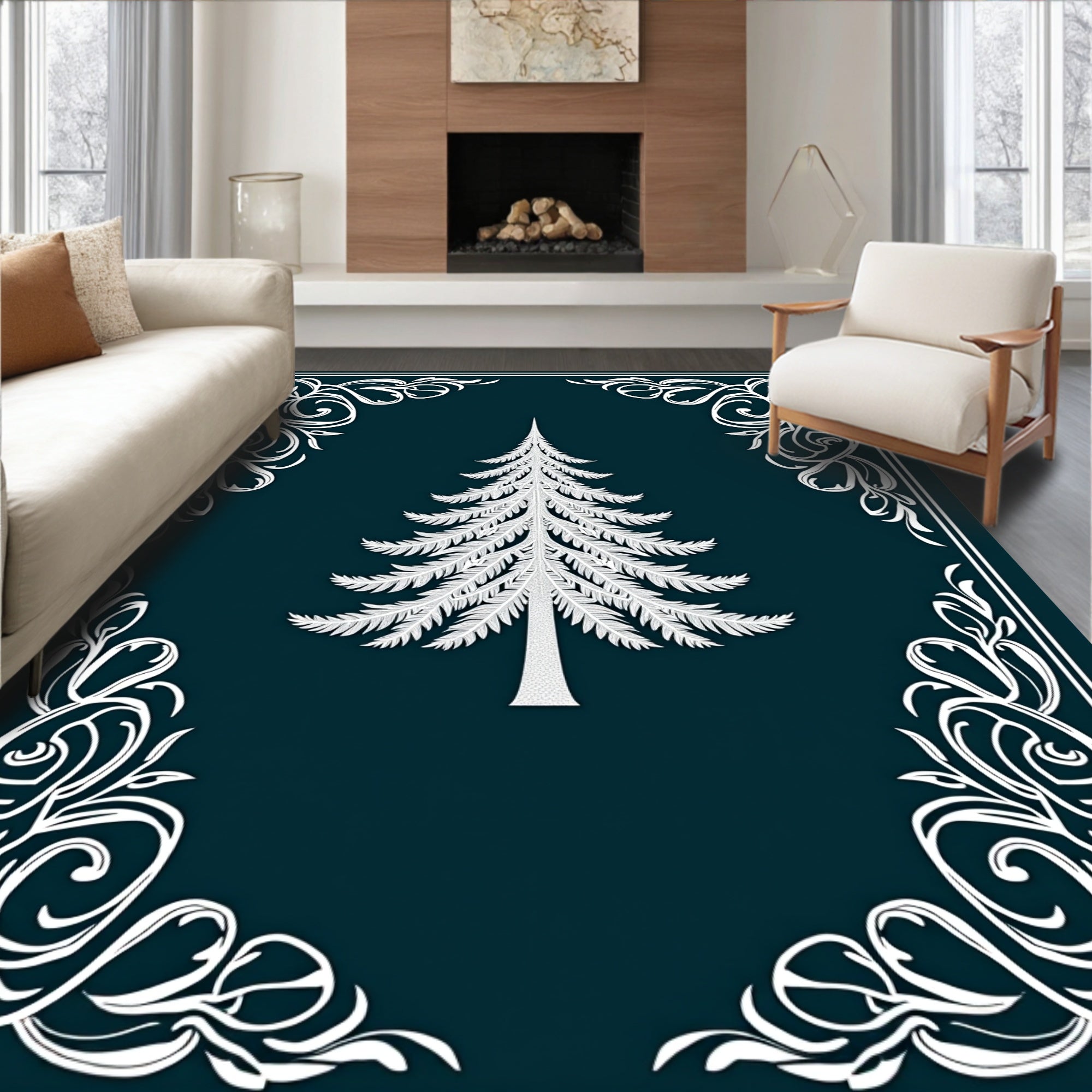 White Feathery Fir Tree Border Rug