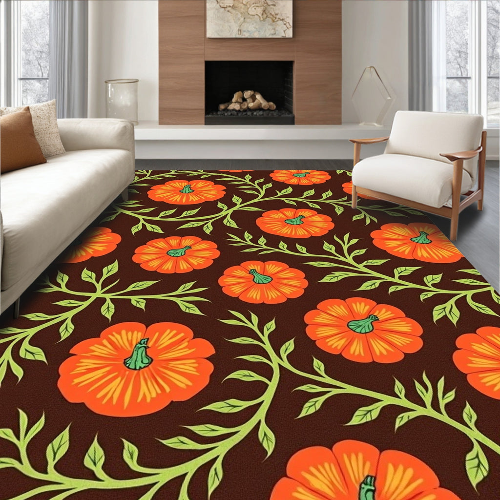 Orange Pumpkin Vine Foliage Brown Rug