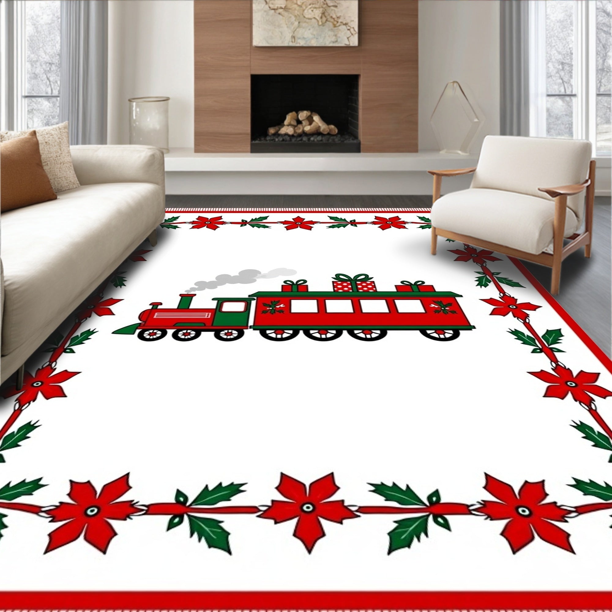 Red Green Poinsettia Train Border Rug