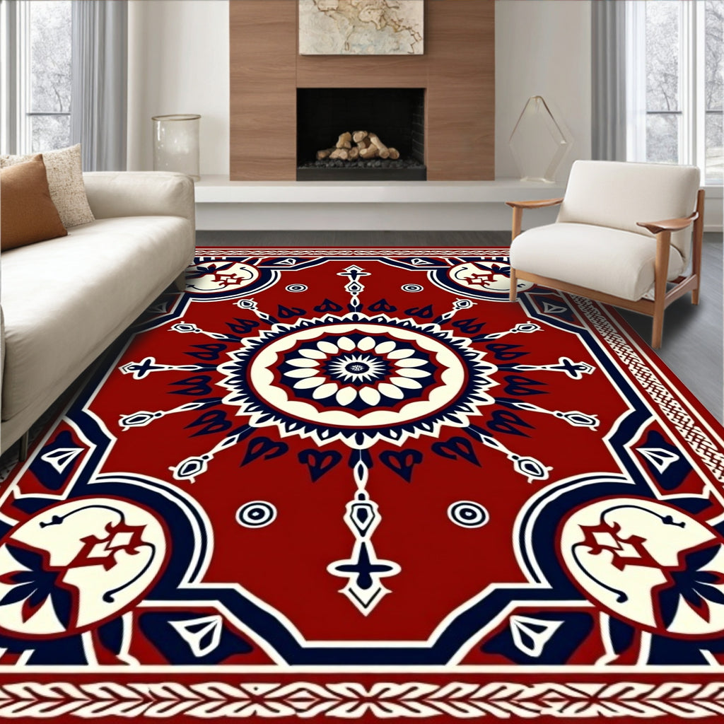 Crimson Navy Floral Medallion Border Rug