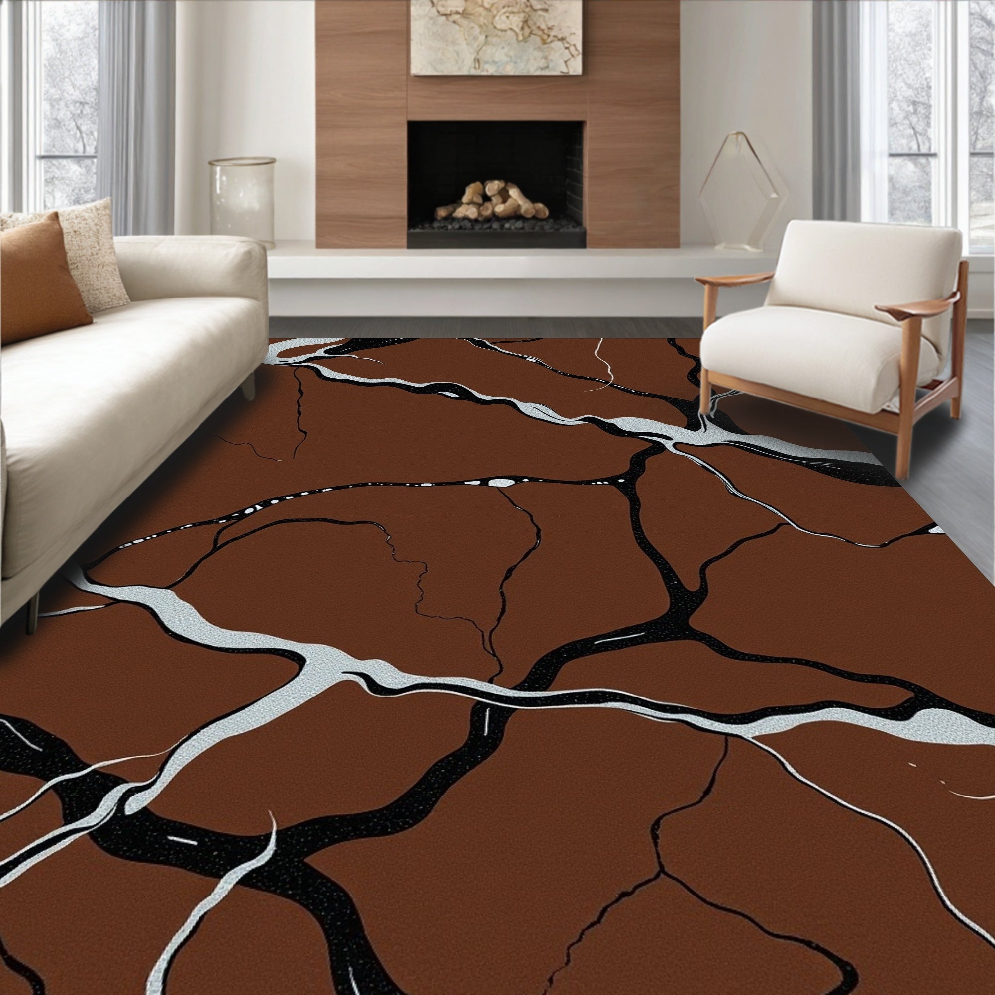 Brown veined abstract organic texture Rug