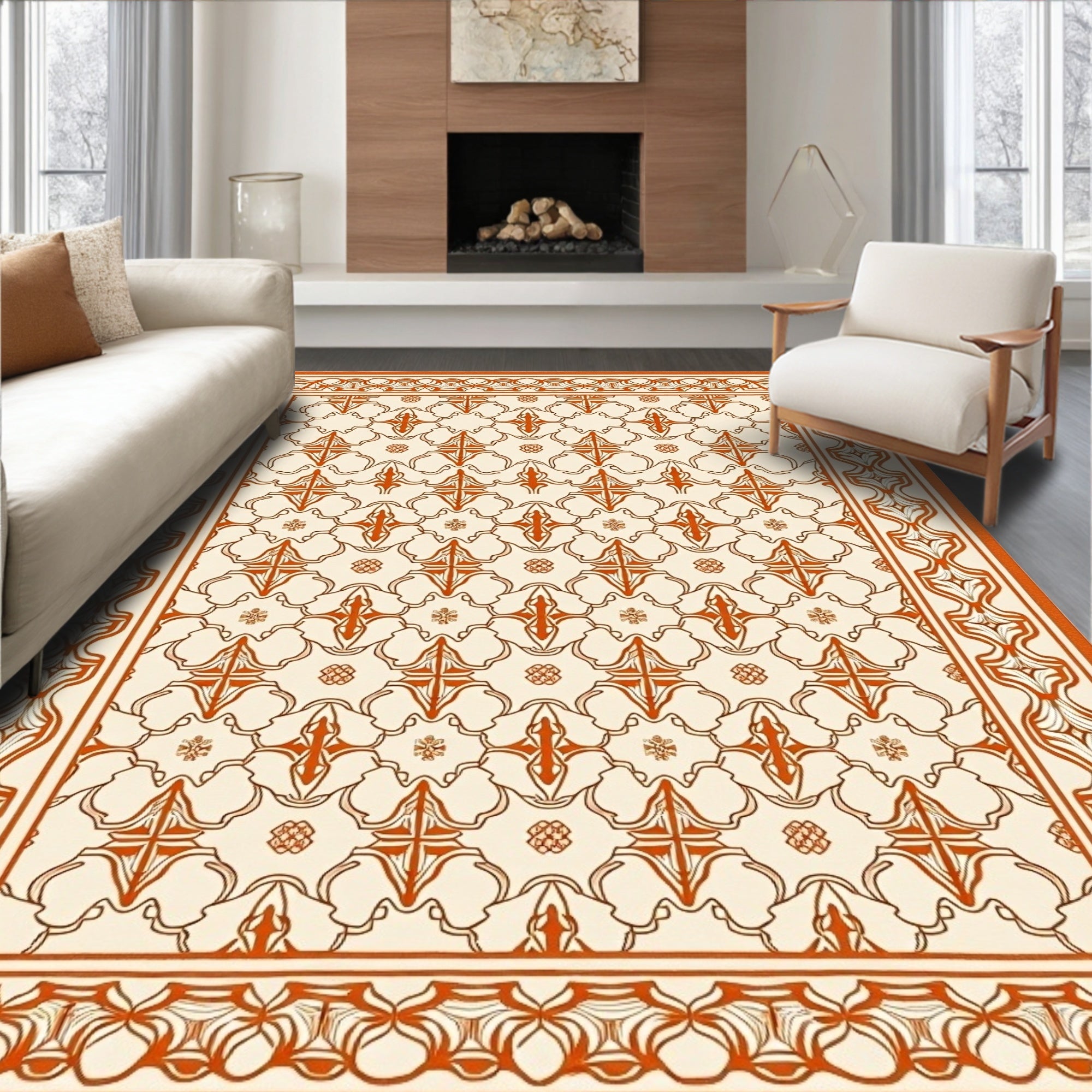 Antique Orange and Cream Floral Rug