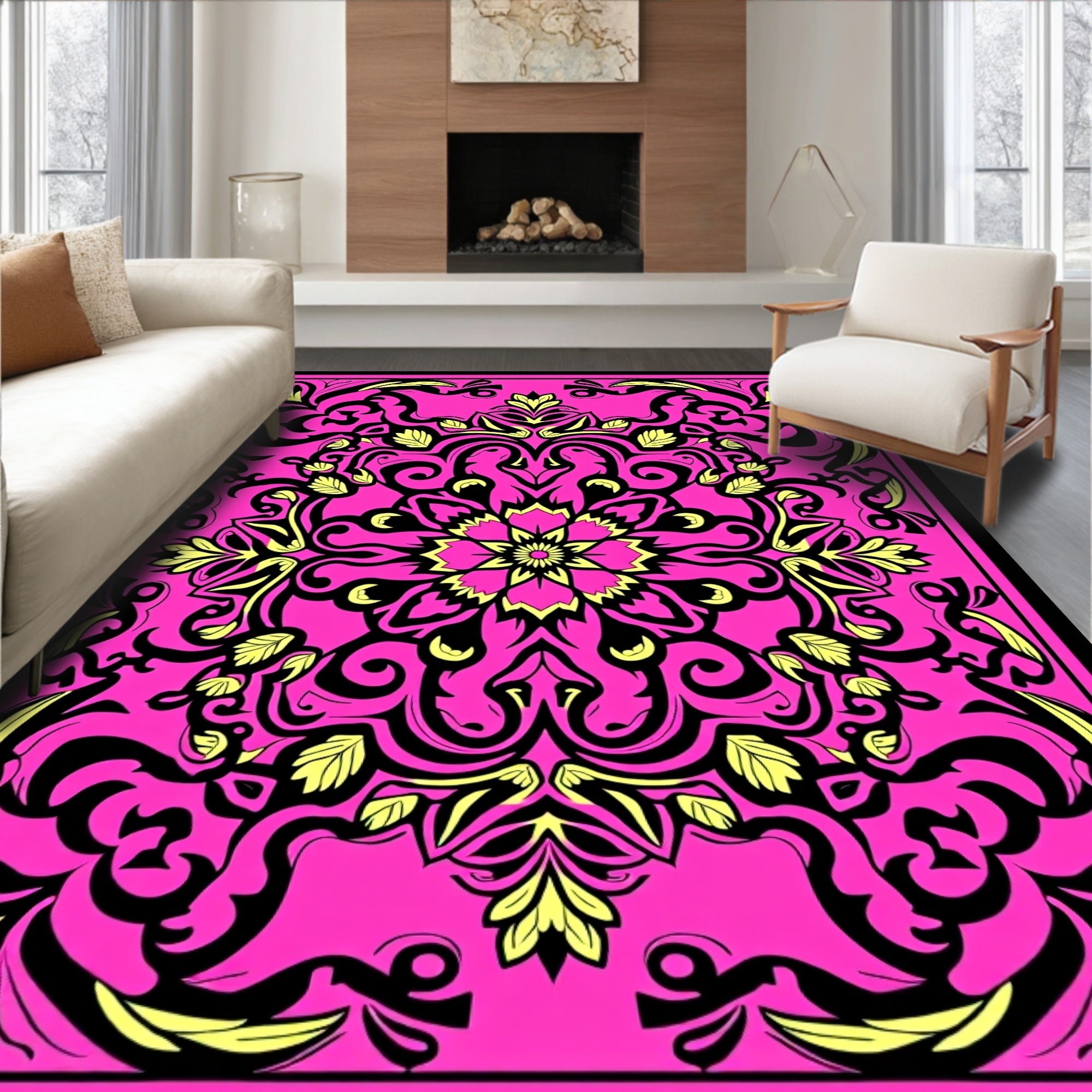 Vibrant Pink Ornate Floral Medallion Rug
