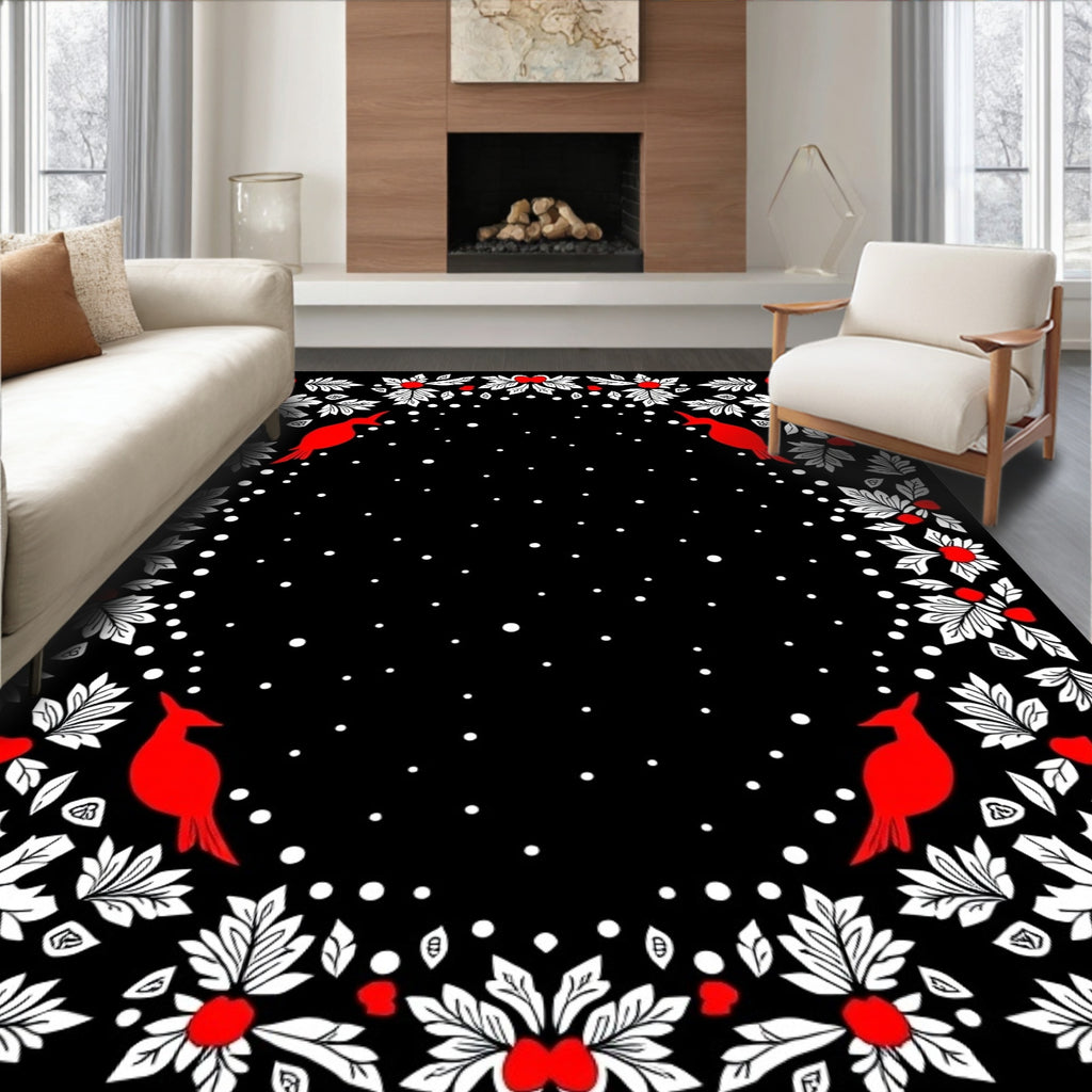 Crimson Cardinal Foliage Snowfall Border Rug