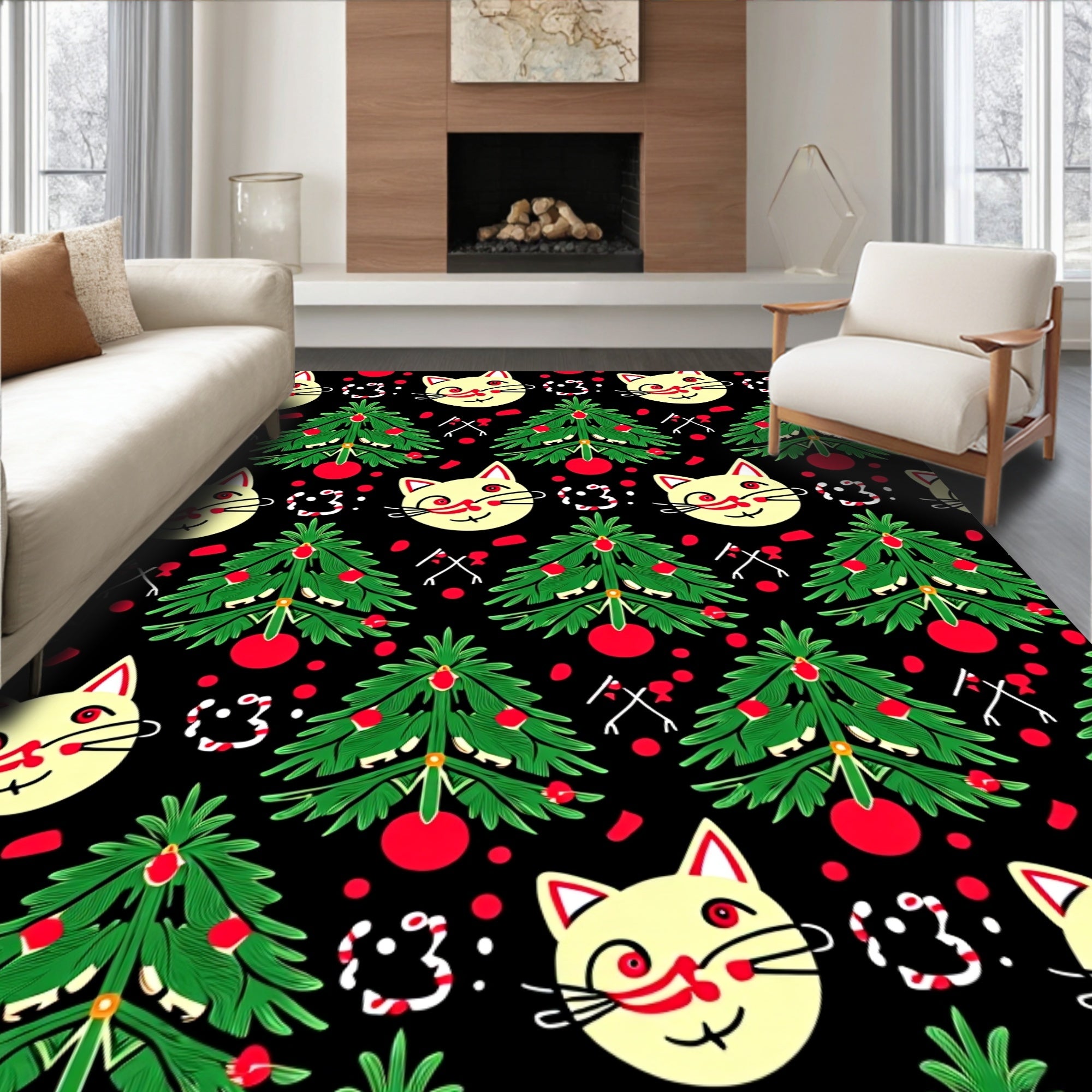 Festive Yellow Cat Christmas Tree Rug