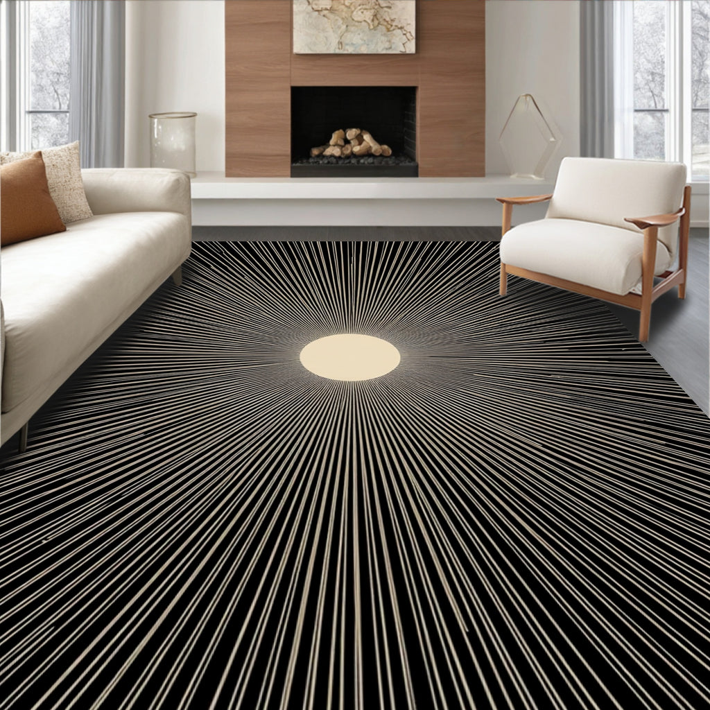 Golden Sunburst Black Rays Rug