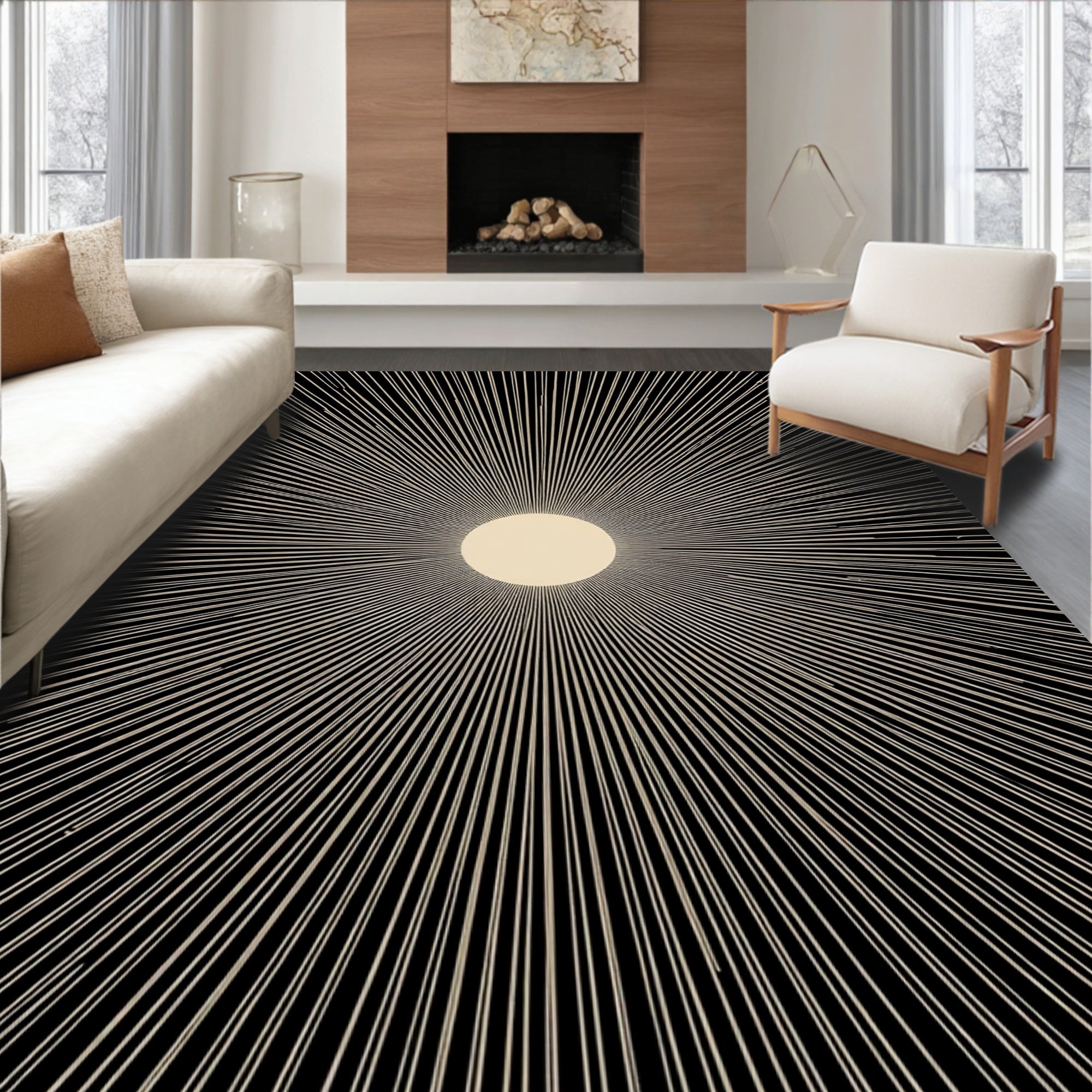 Golden Sunburst Black Rays Rug