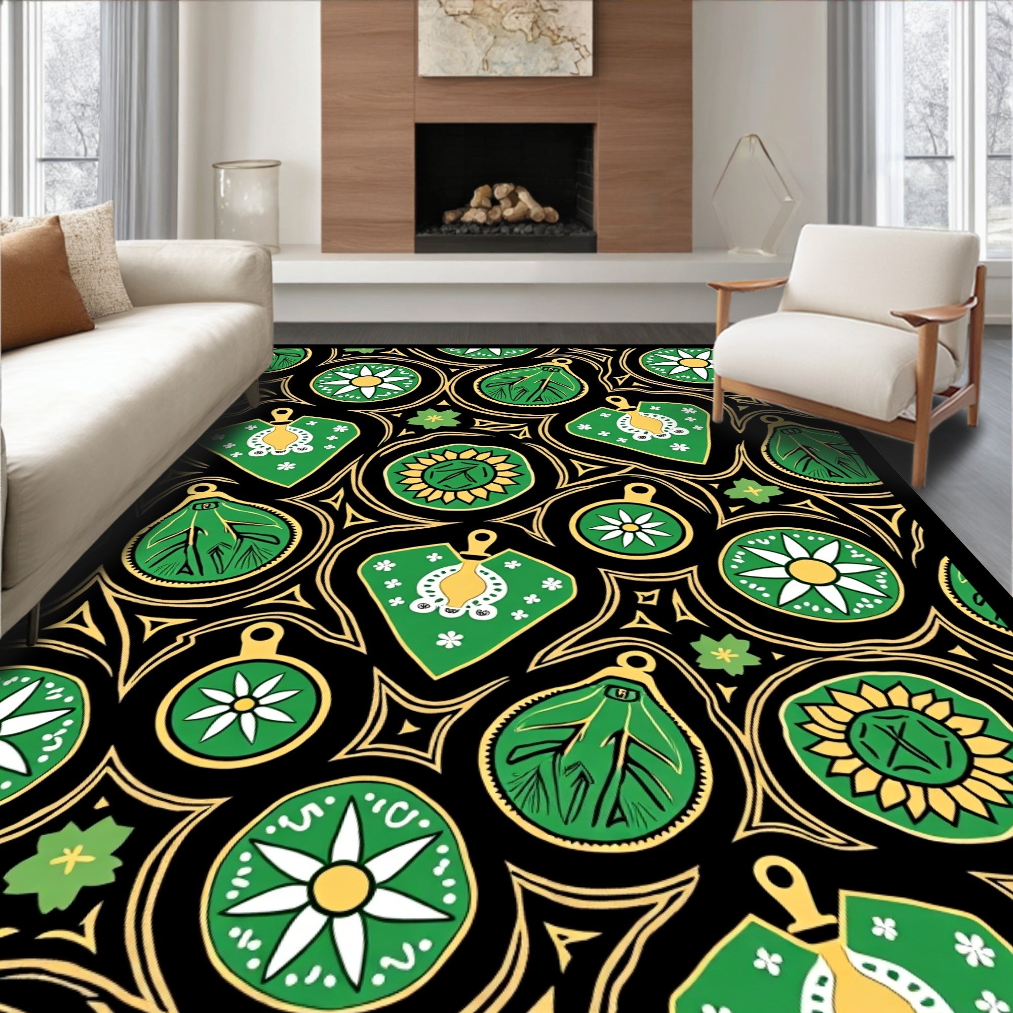 Bold Green Leaf Medallion Black Rug