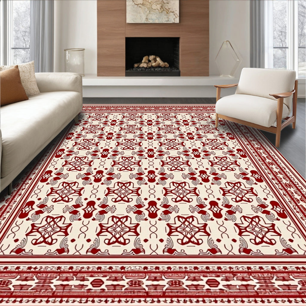 Crimson Symmetrical Floral Border Rug