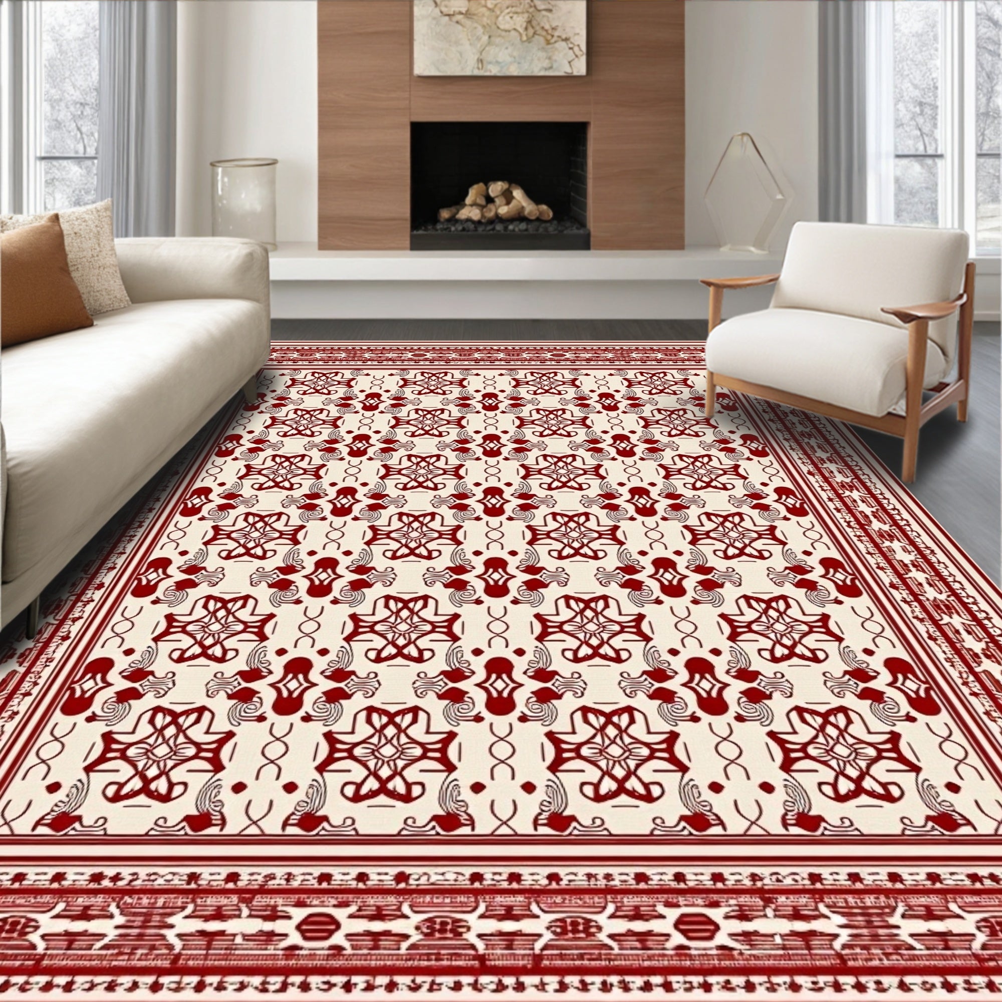 Crimson Symmetrical Floral Border Rug