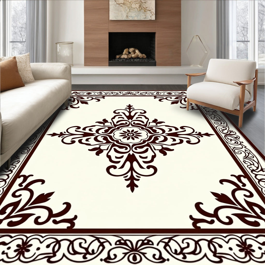 Dark Brown Floral Scroll Medallion Rug