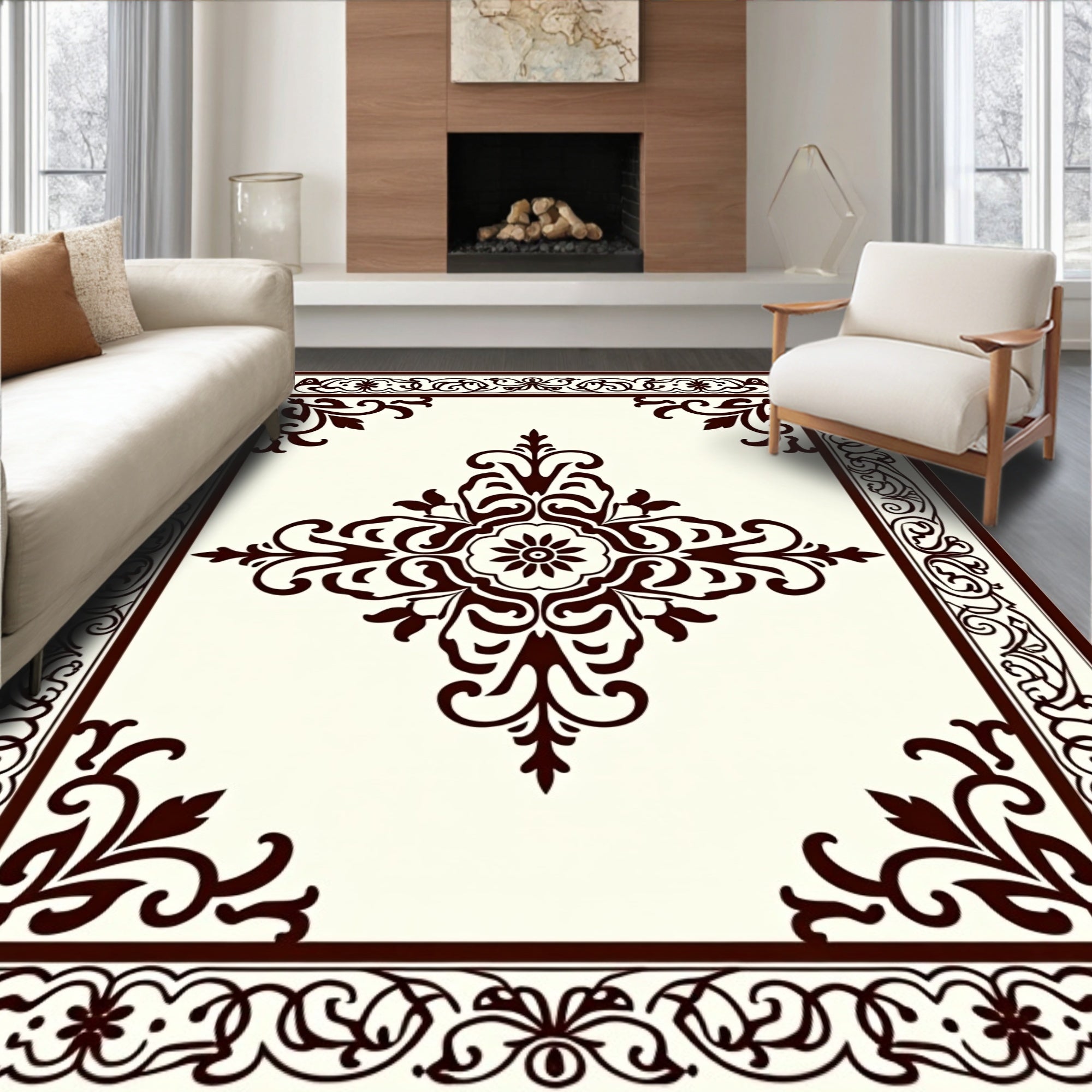 Dark Brown Floral Scroll Medallion Rug