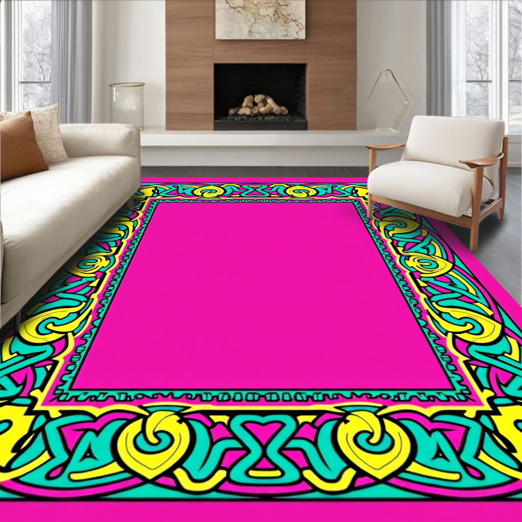 Bright Pink Teal Yellow Celtic Knot Frame Rug