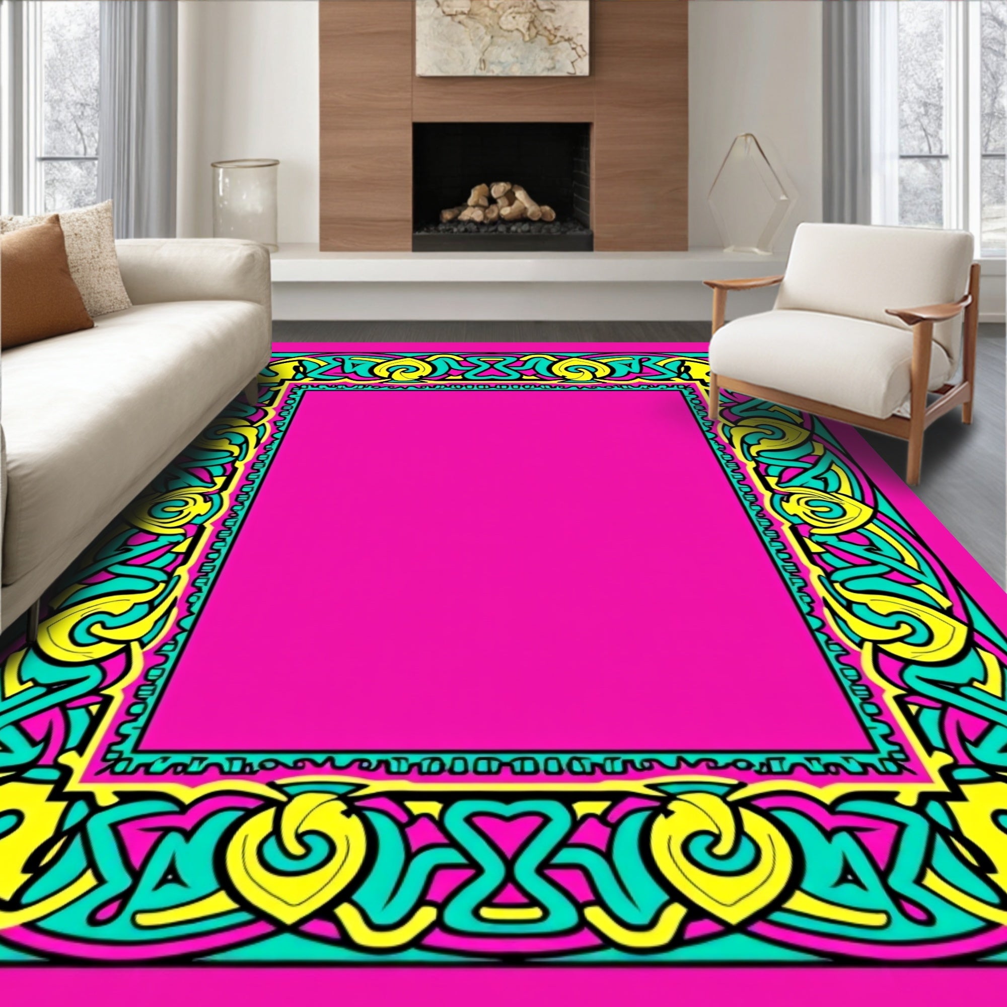 Bright Pink Teal Yellow Celtic Knot Frame Rug