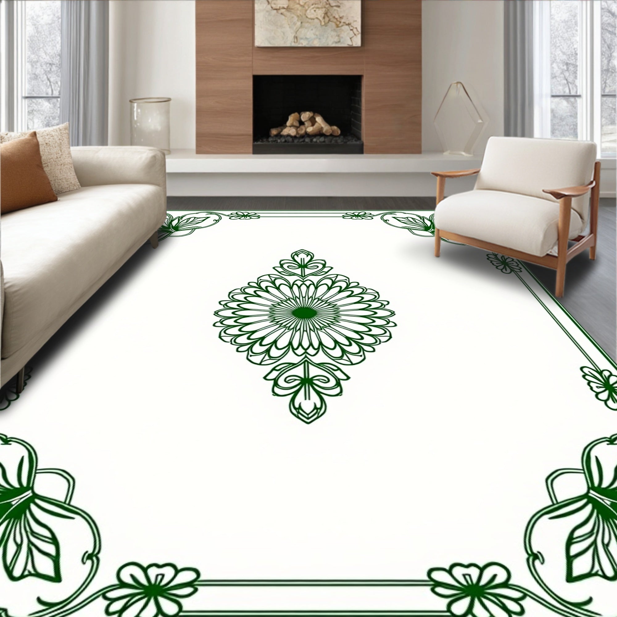 Emerald Green Floral Mandala Frame Rug