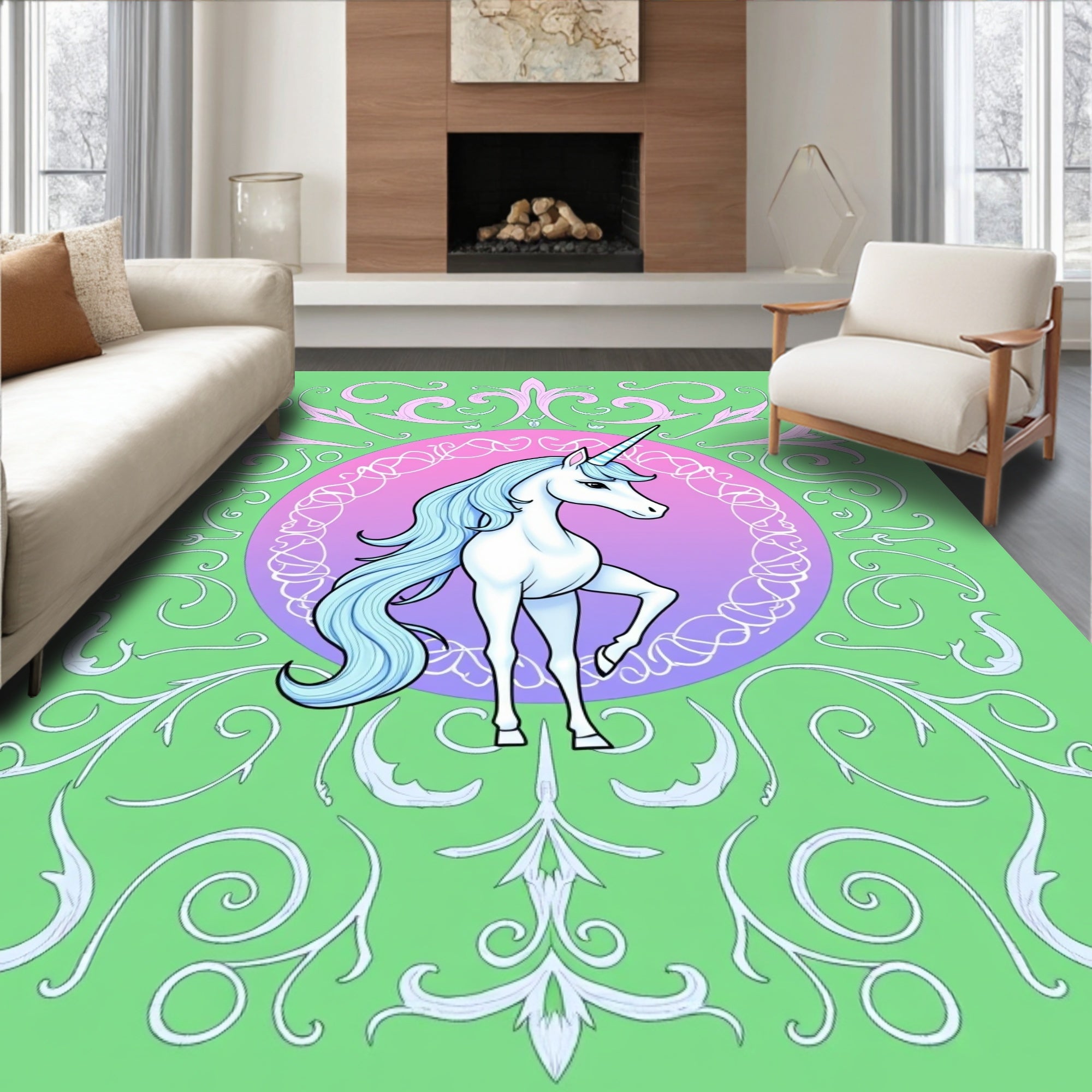Pastel Unicorn With Whimsical Scrollwork Rug
