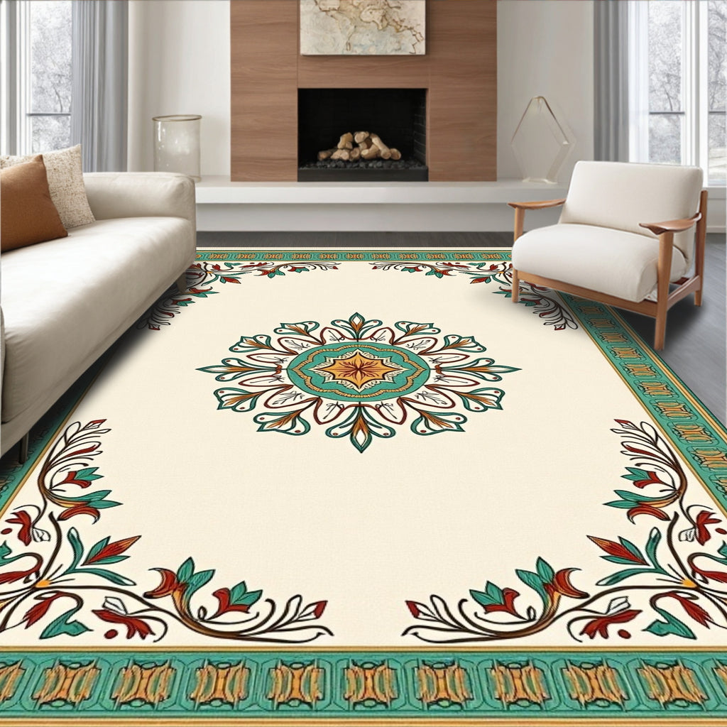 Cream Green Red Floral Medallion Border Rug