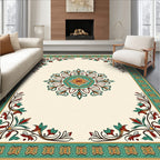 Cream Green Red Floral Medallion Border Rug