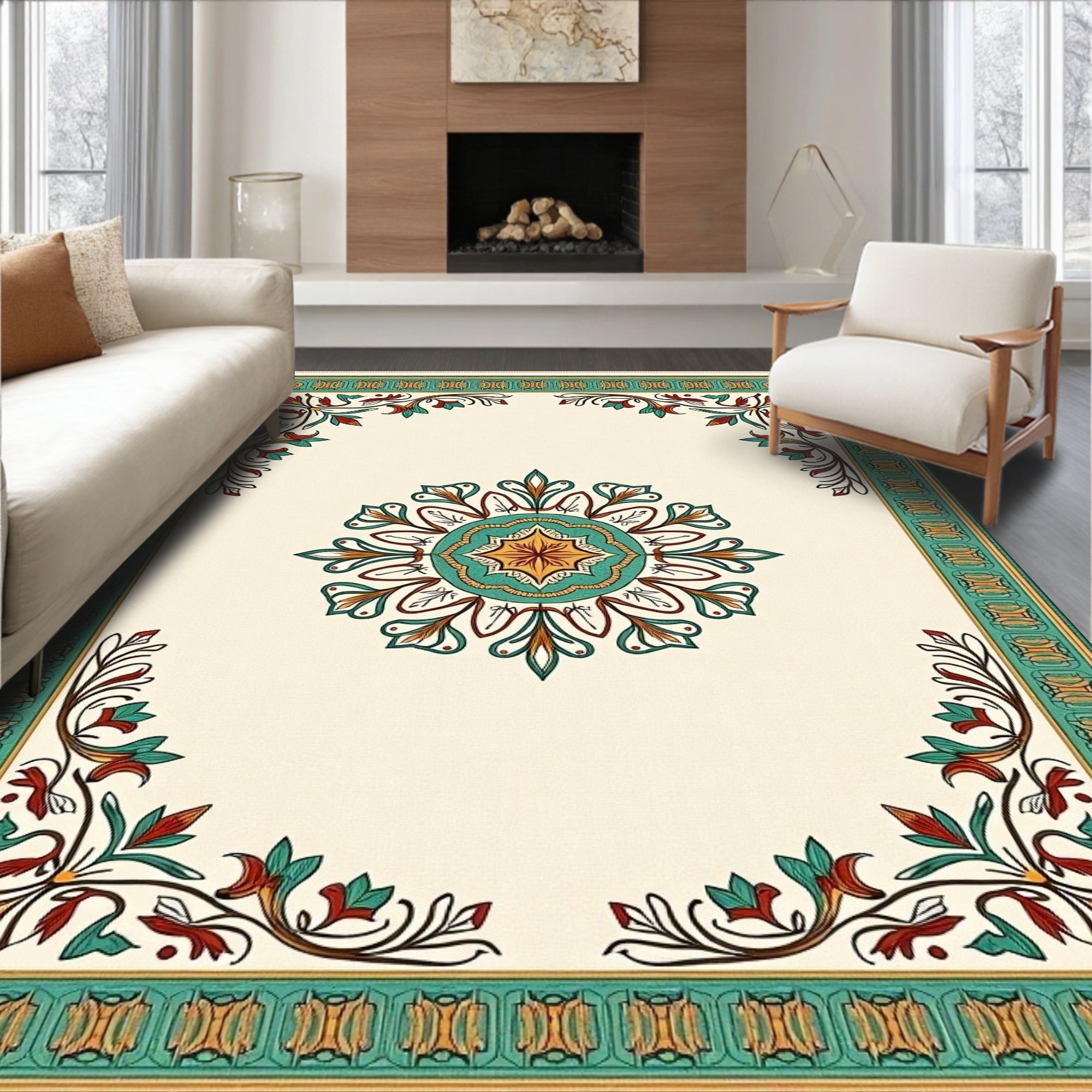 Cream Green Red Floral Medallion Border Rug