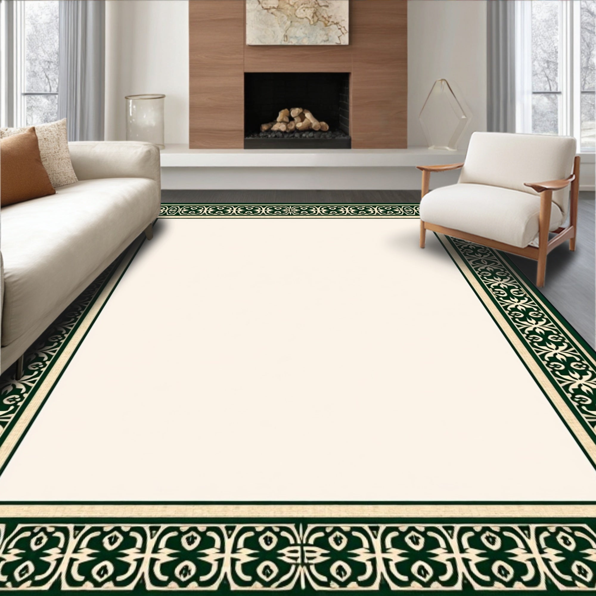 Dark Green Ivory Floral Border Rug