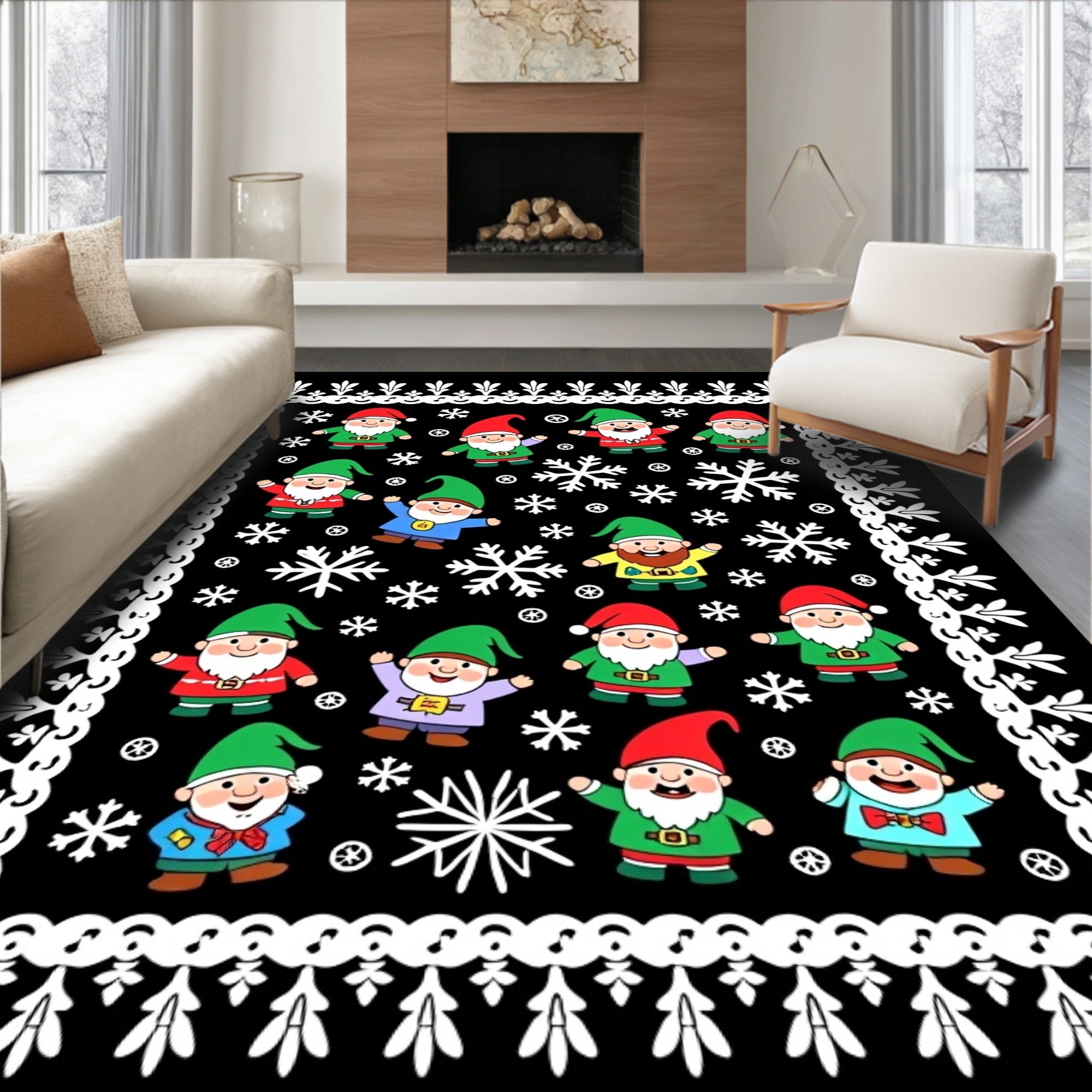 Christmas Gnomes and Snowflakes on Black Rug
