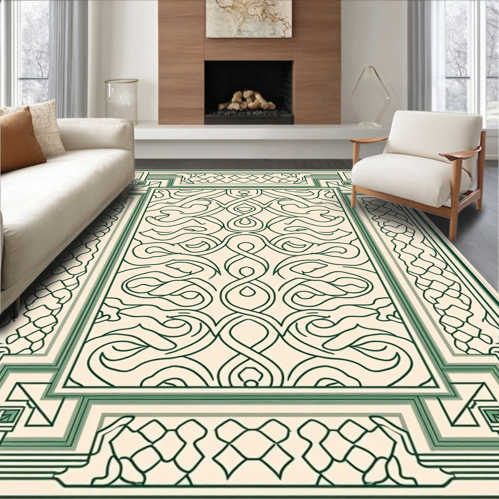 Cream Green Interlocking Curve Border Rug