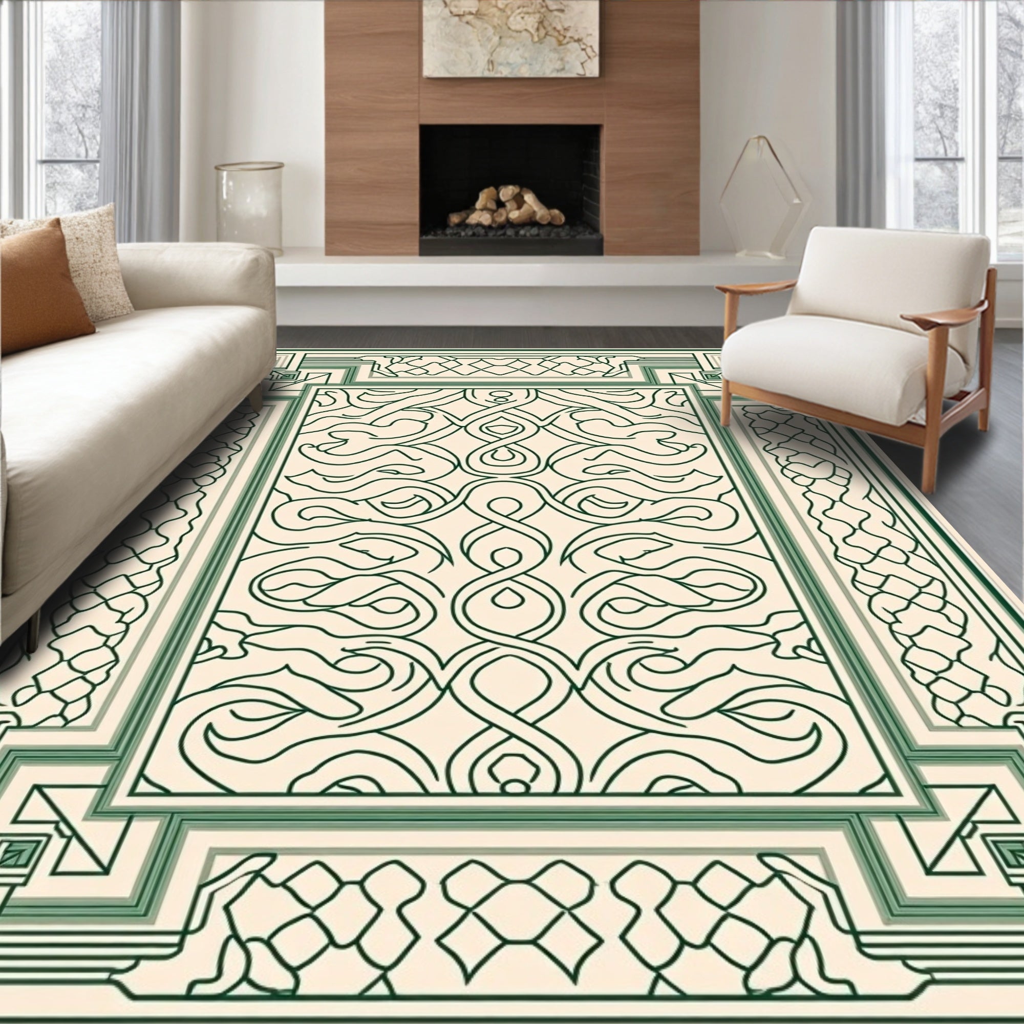 Cream Green Interlocking Curve Border Rug