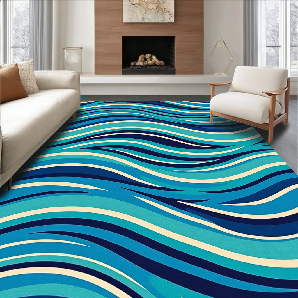 Dynamic Ocean Blue Wavy Stripes Rug