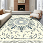 Cream and Navy Feathered Sun Medallion Rug