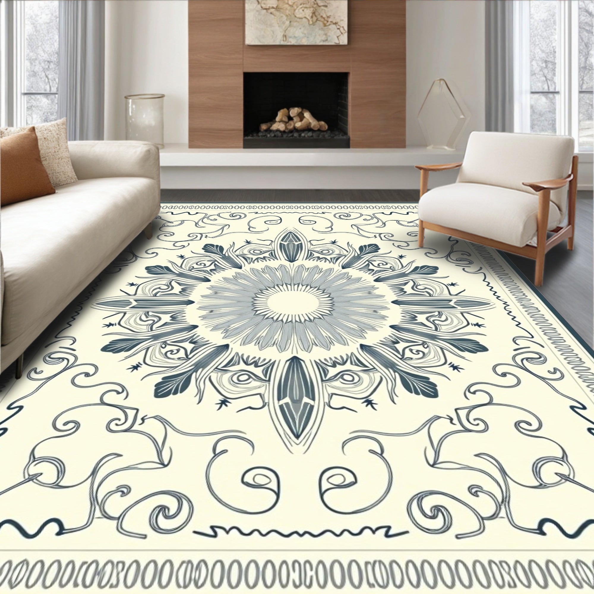 Cream and Navy Feathered Sun Medallion Rug