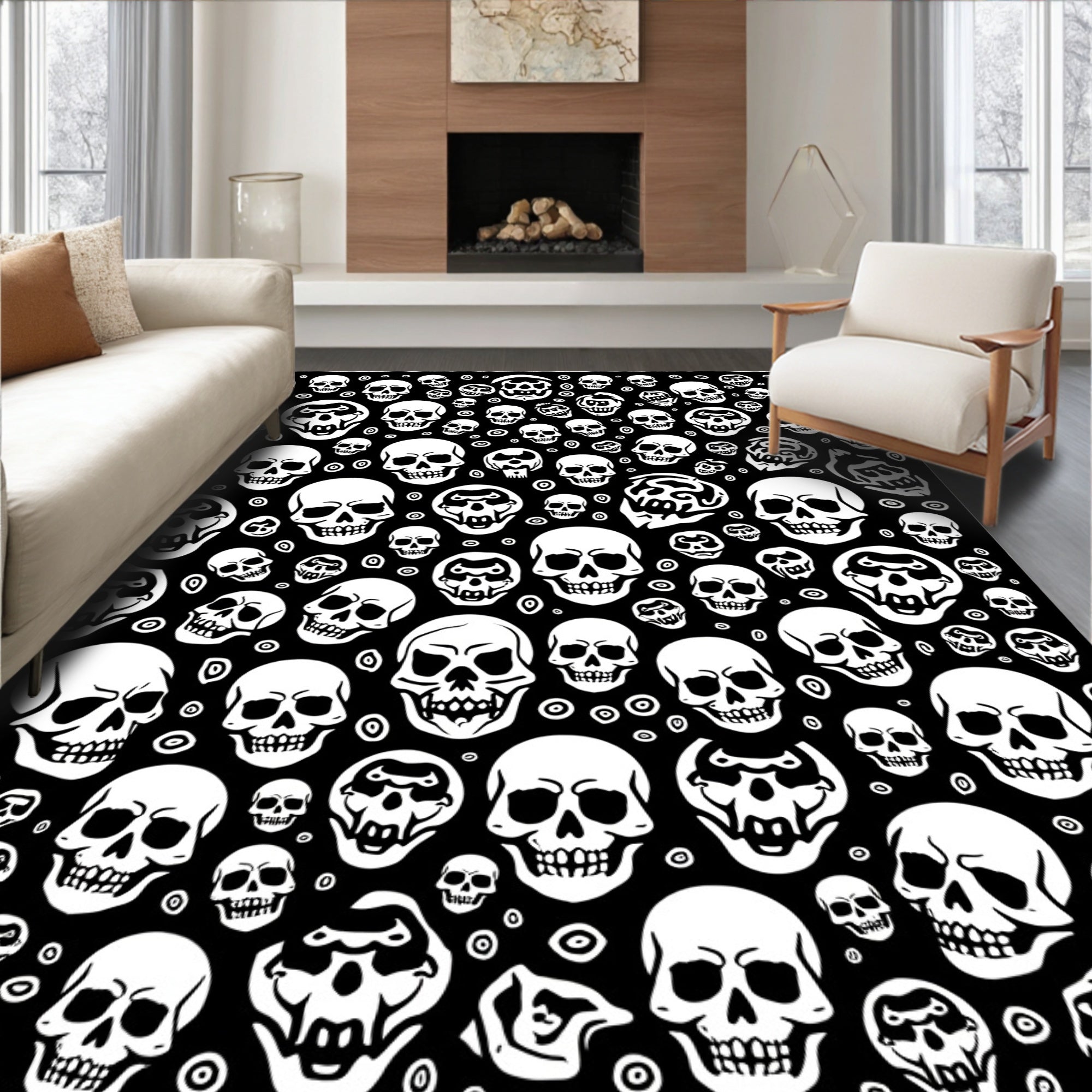 White Skulls Black Background Collage Rug
