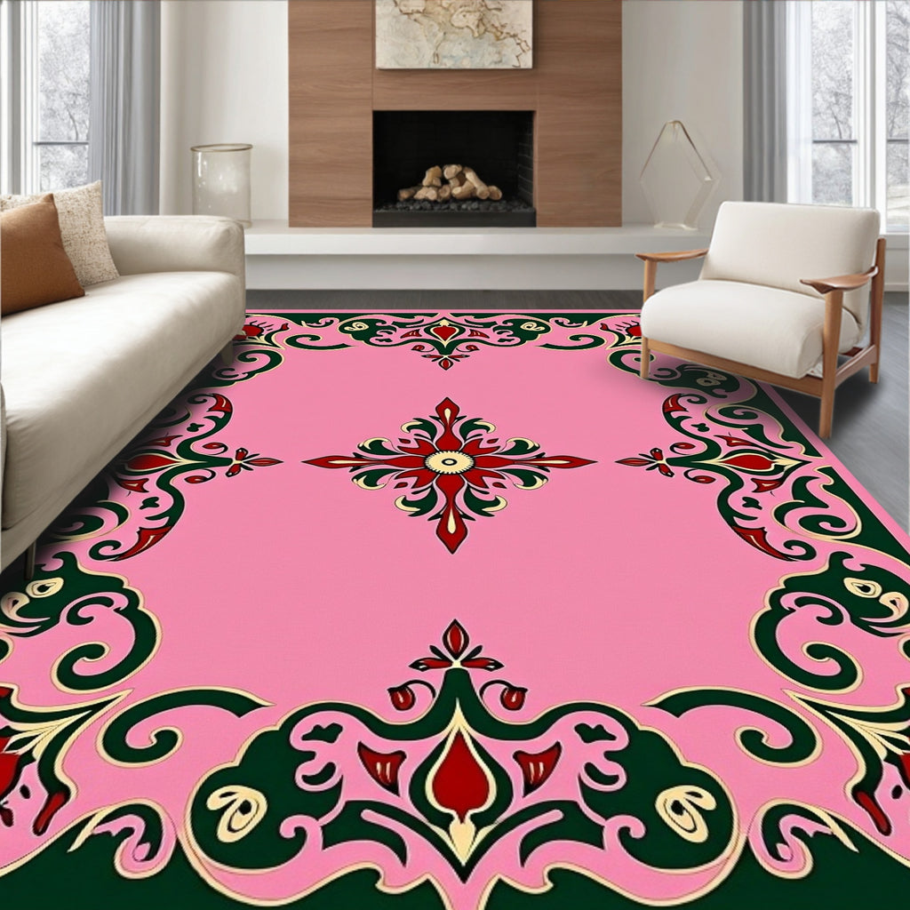 Crimson Green Floral Medallion Pink Rug