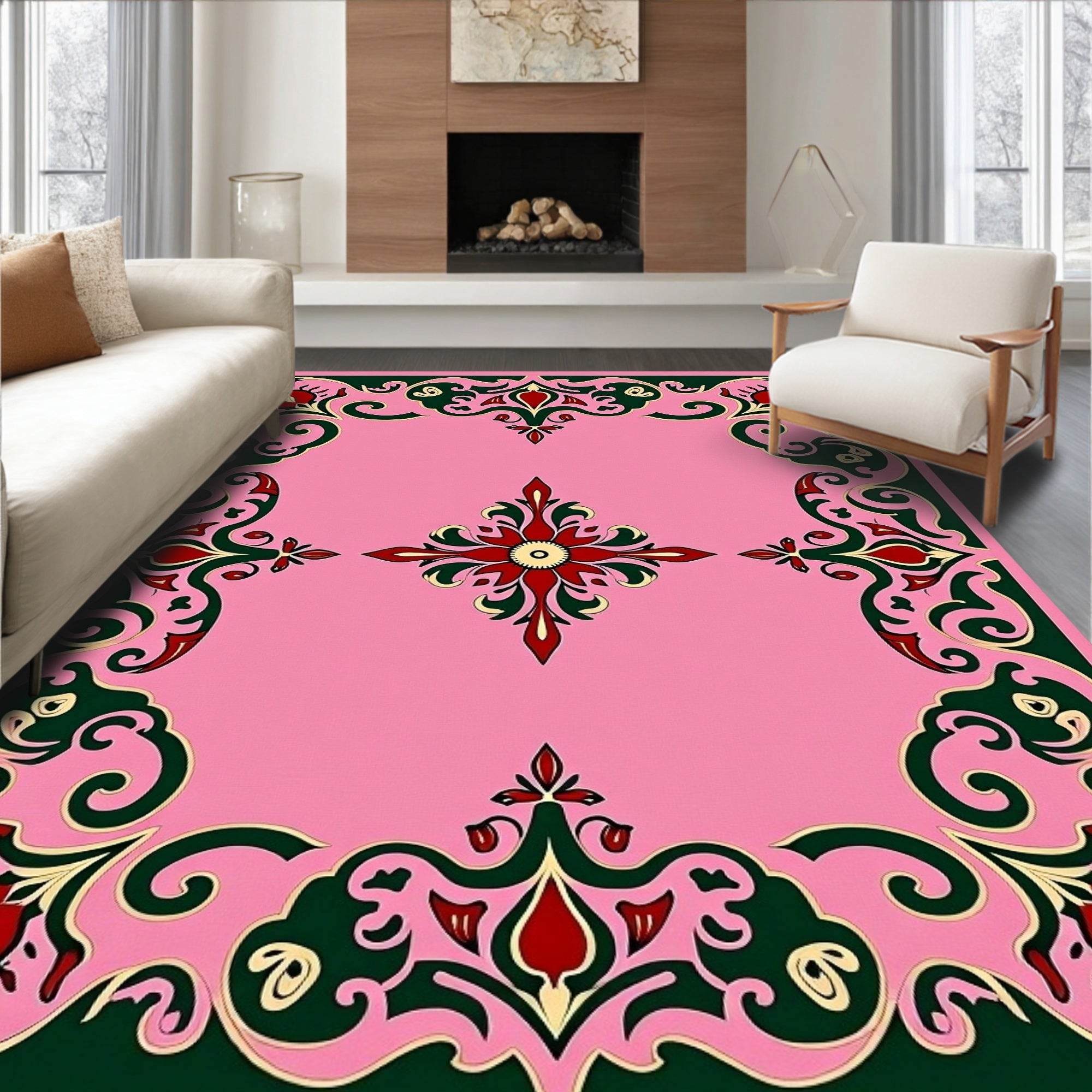 Crimson Green Floral Medallion Pink Rug