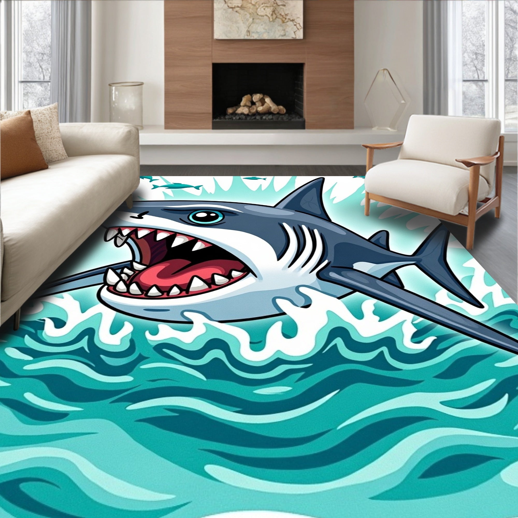 Aggressive Shark in Teal Blue Waves Rug