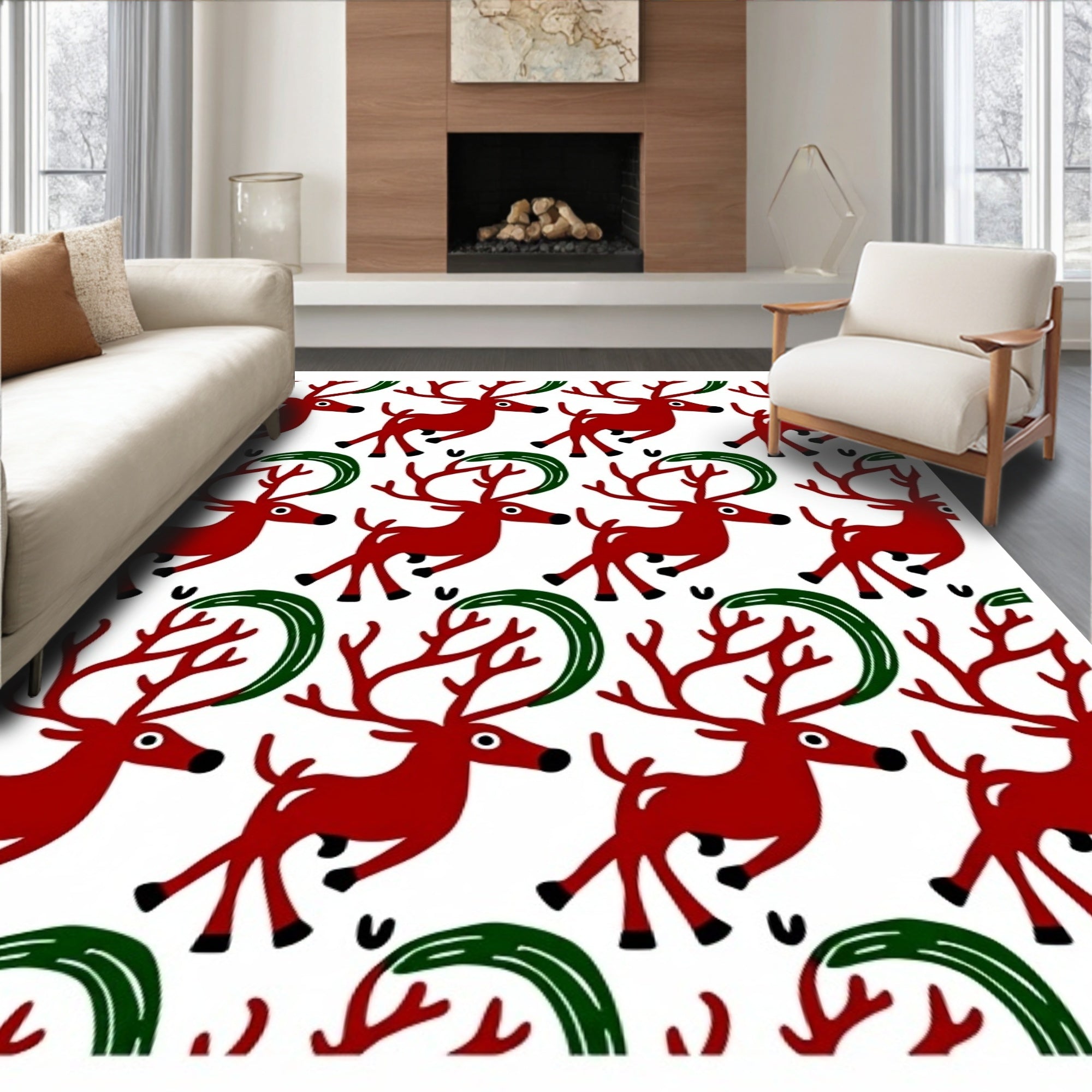 Red Reindeer Green Swirls Repeating Pattern Rug