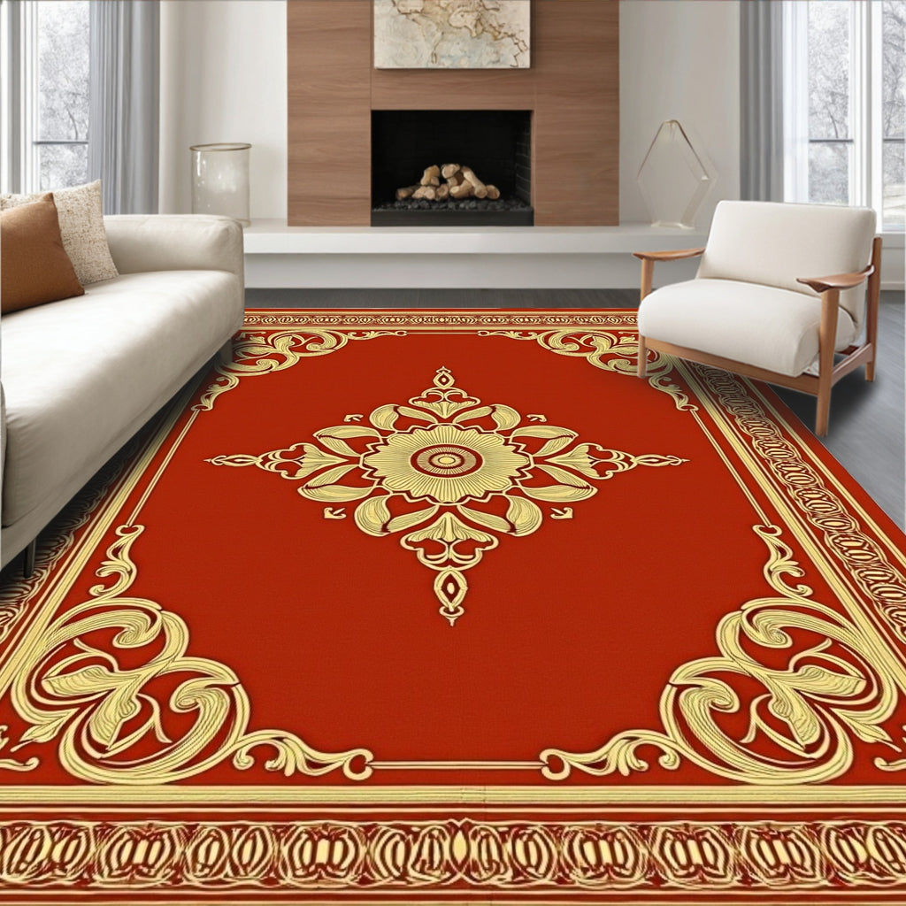Red and Gold Floral Medallion Border Rug