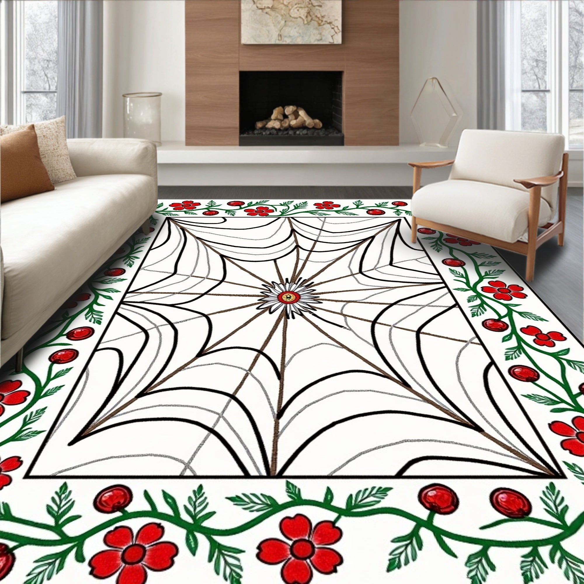 Red Floral Vine Spiderweb Rug