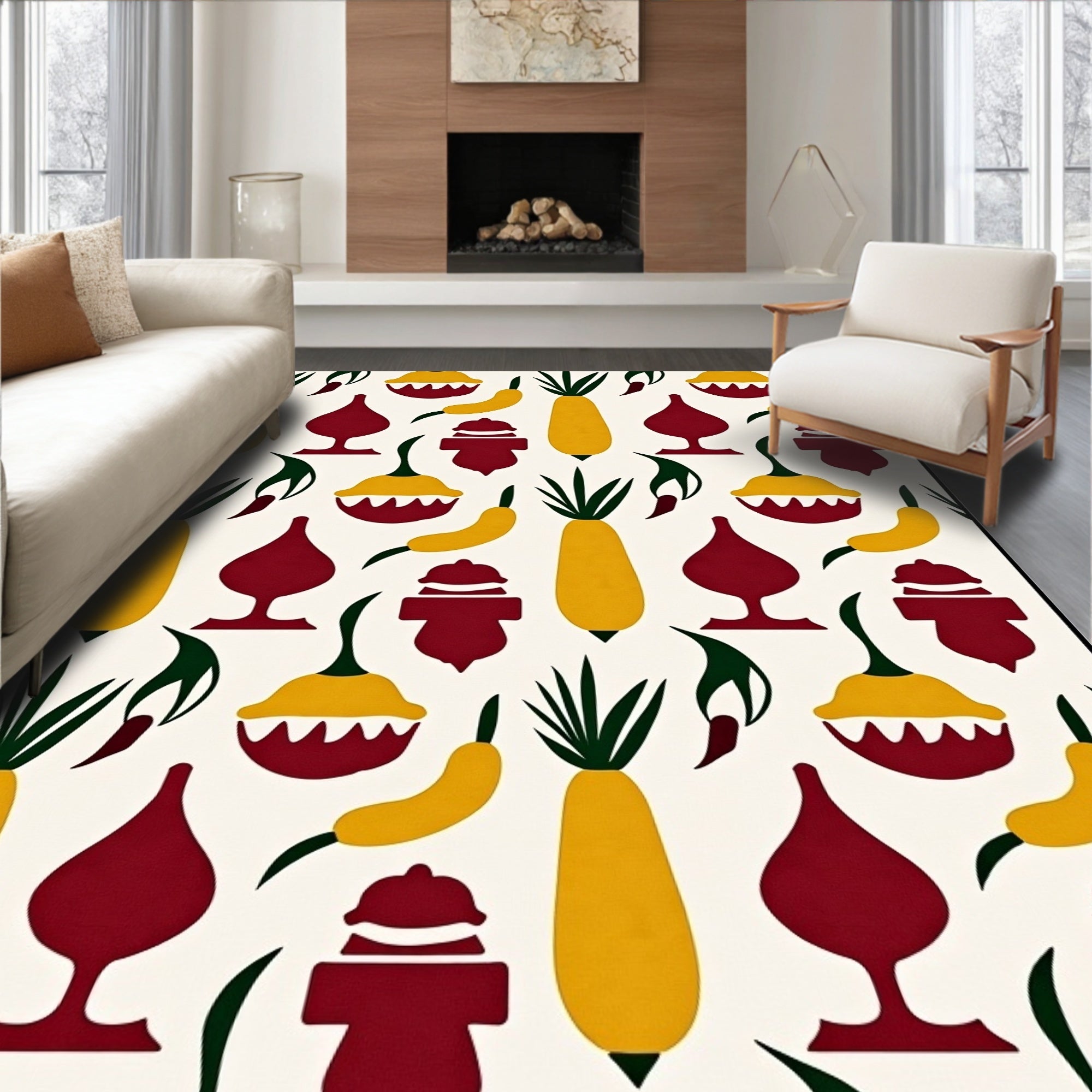 Yellow Maroon Botanical Folk Elements Rug