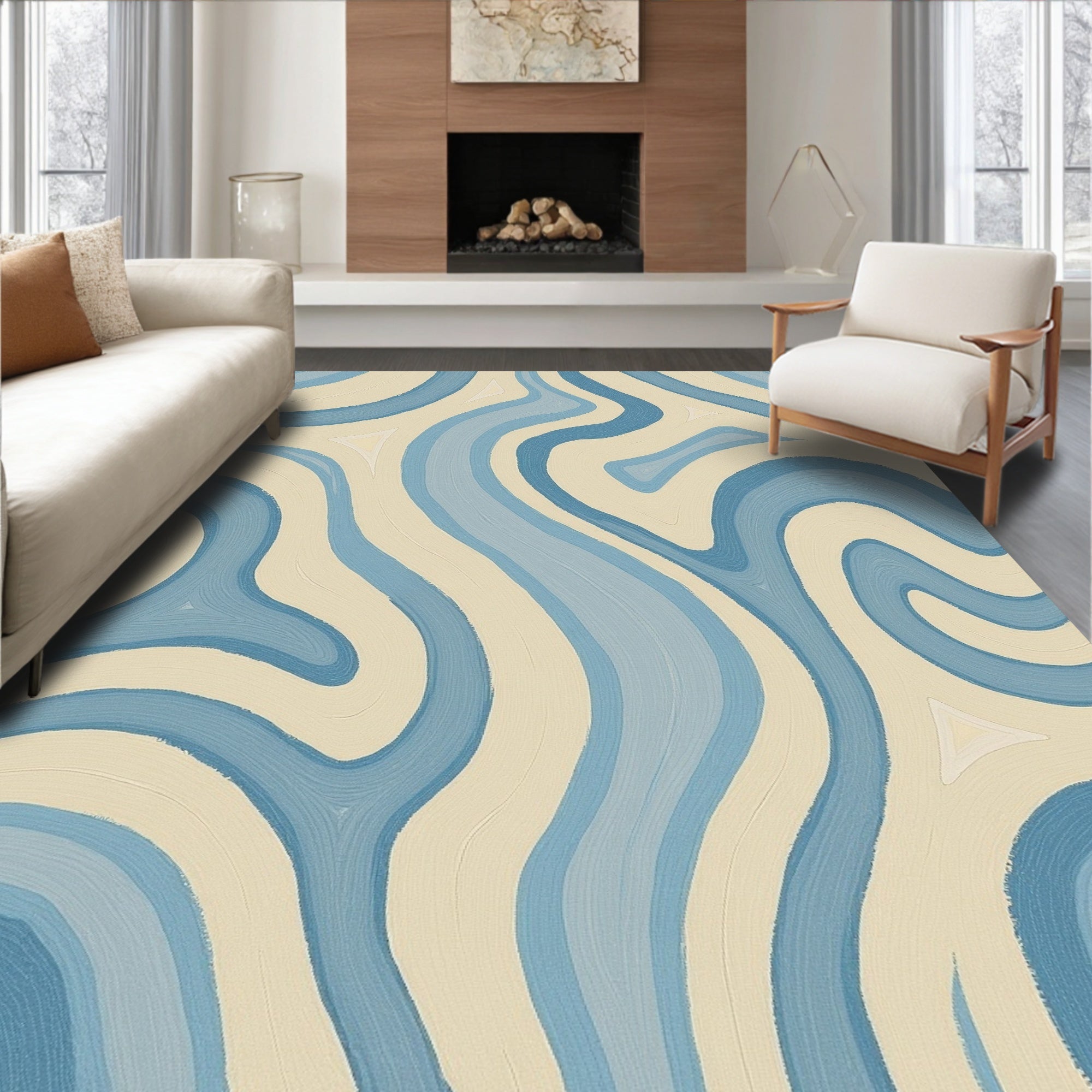 Cream Blue Abstract Swirl Rug