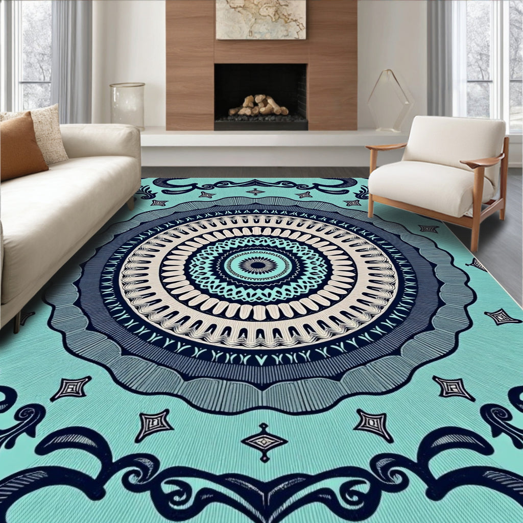 Teal Navy Intricate Mandala Art Rug