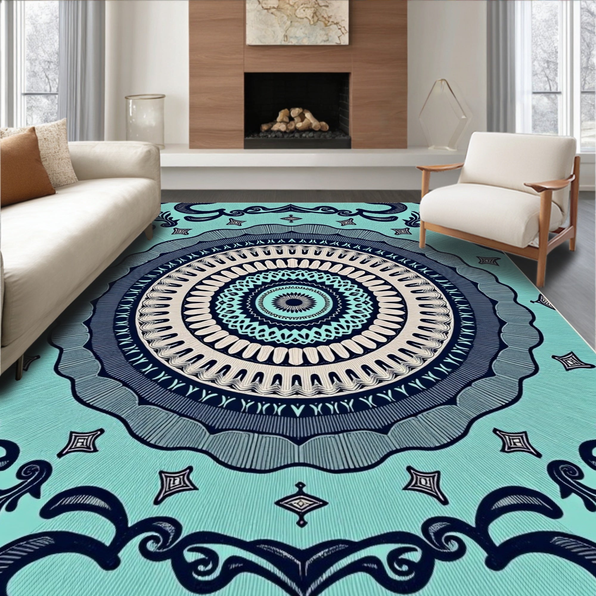 Teal Navy Intricate Mandala Art Rug