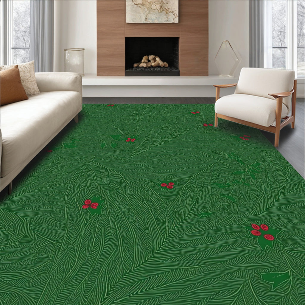 Verdant Leaves Red Berries Cluster Rug