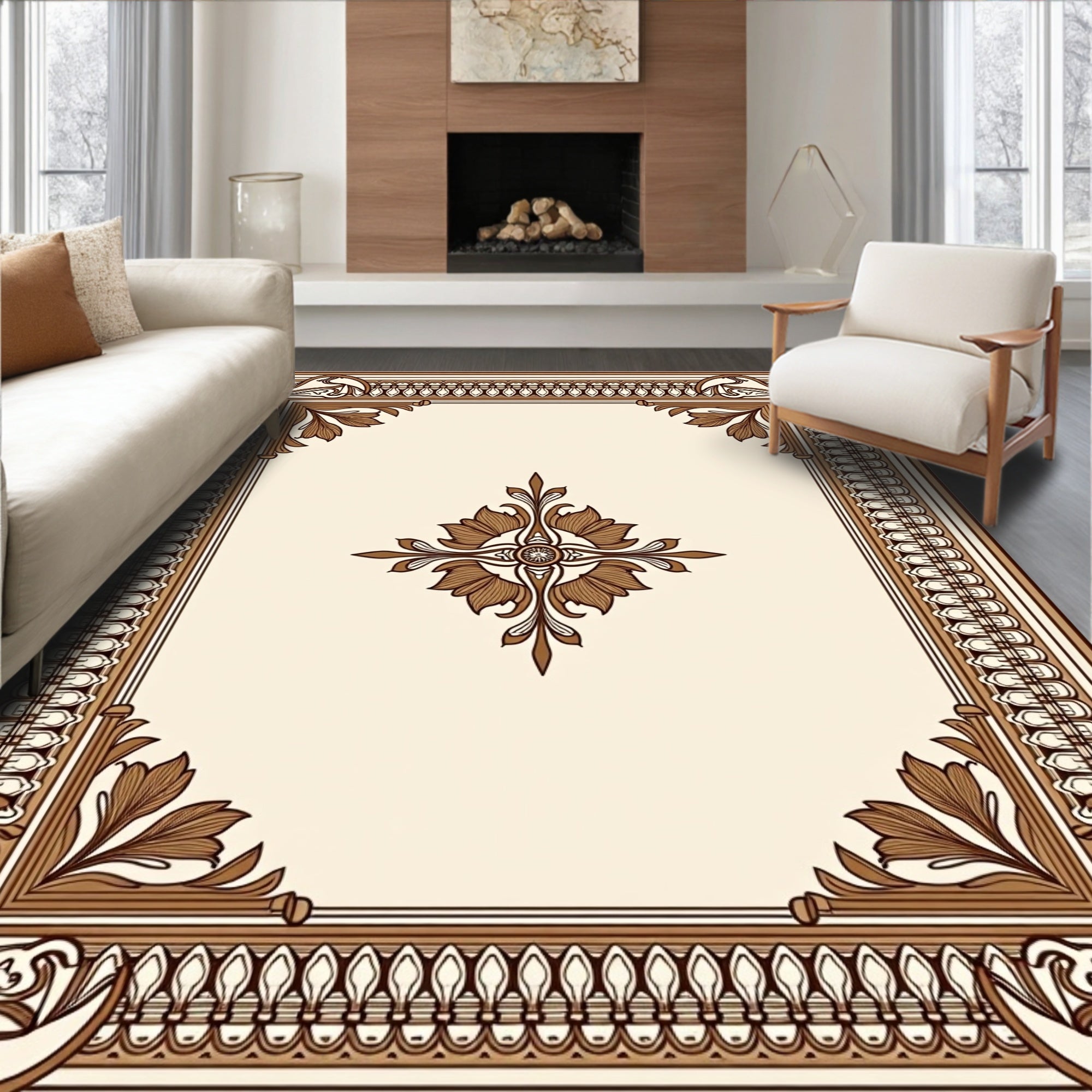 Vintage Brown Art Nouveau Floral Border Rug