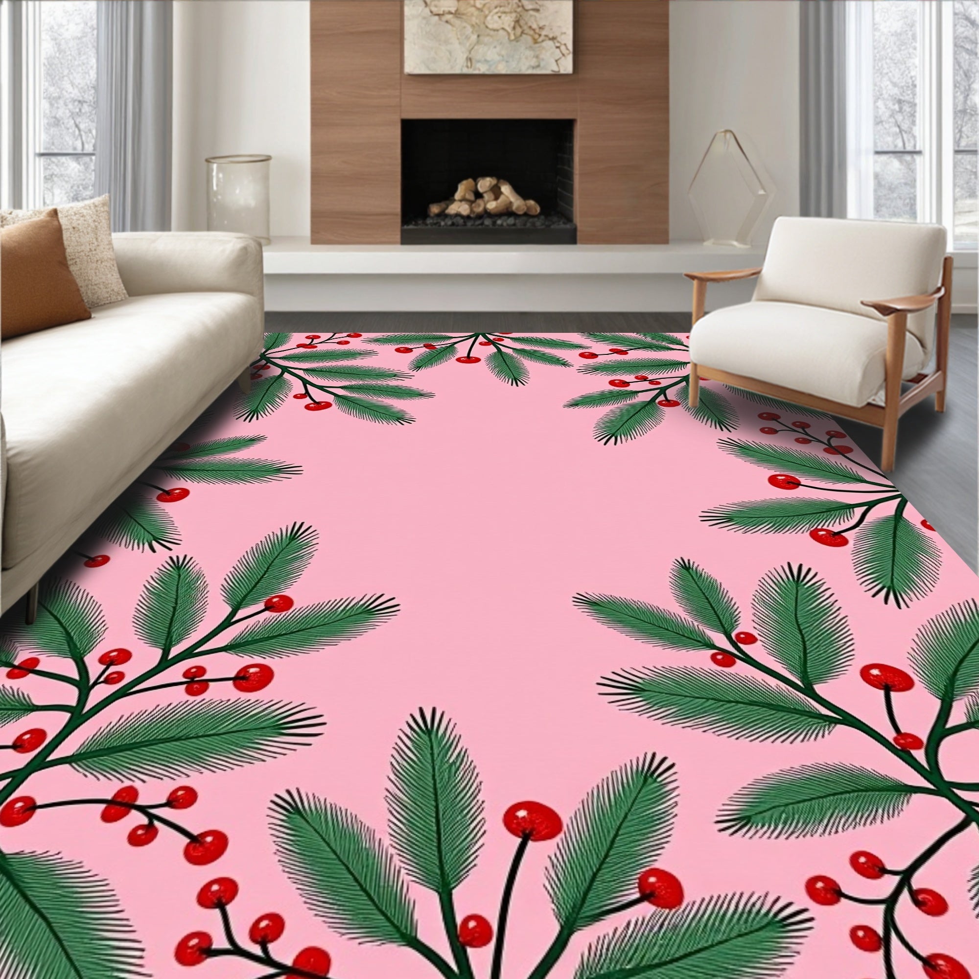 Pink Green Berry Sprig Border Rug
